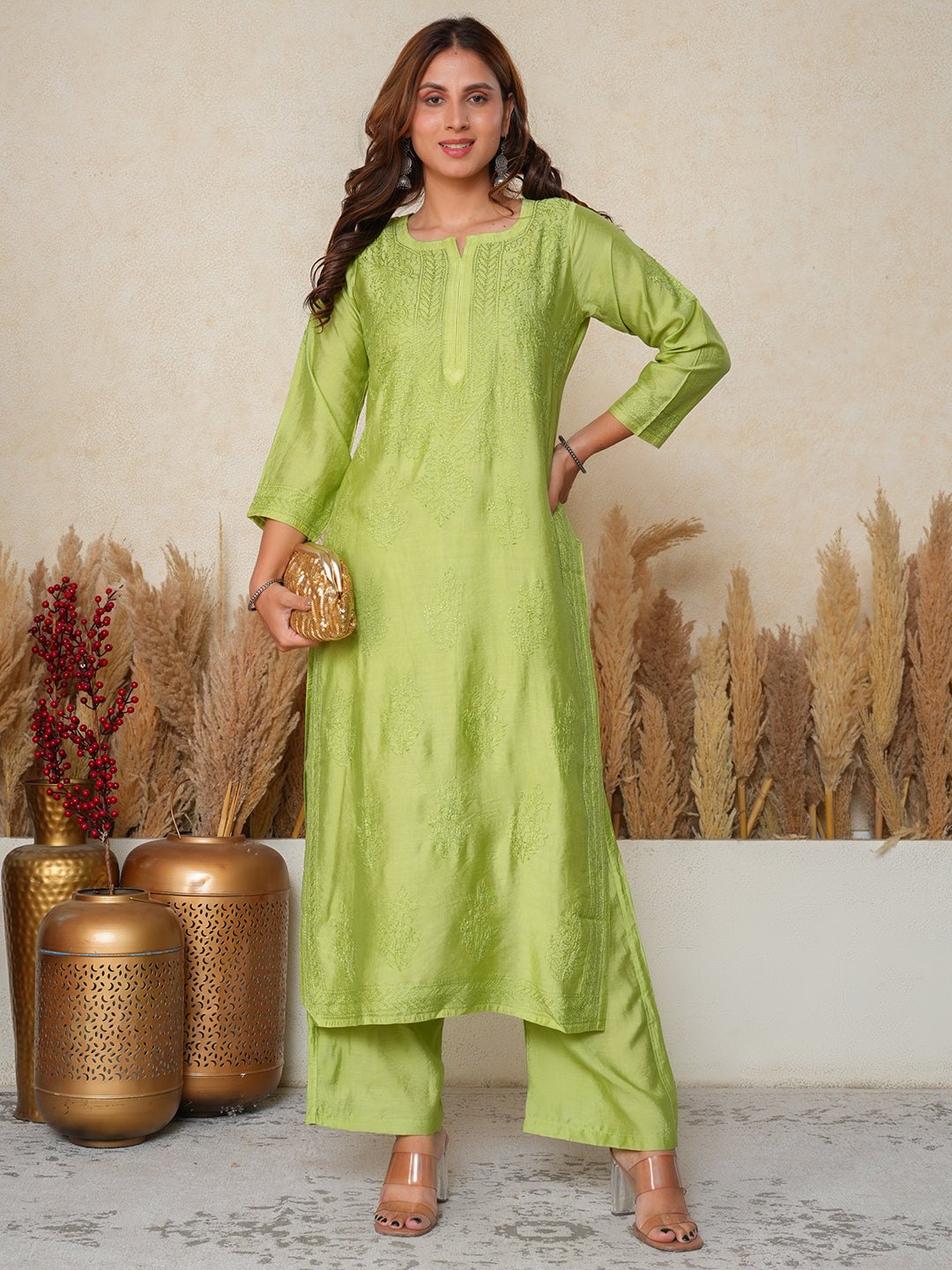 Aafreen: Chanderi silk suit traditional Bakhiya chikankari embroidery-Green