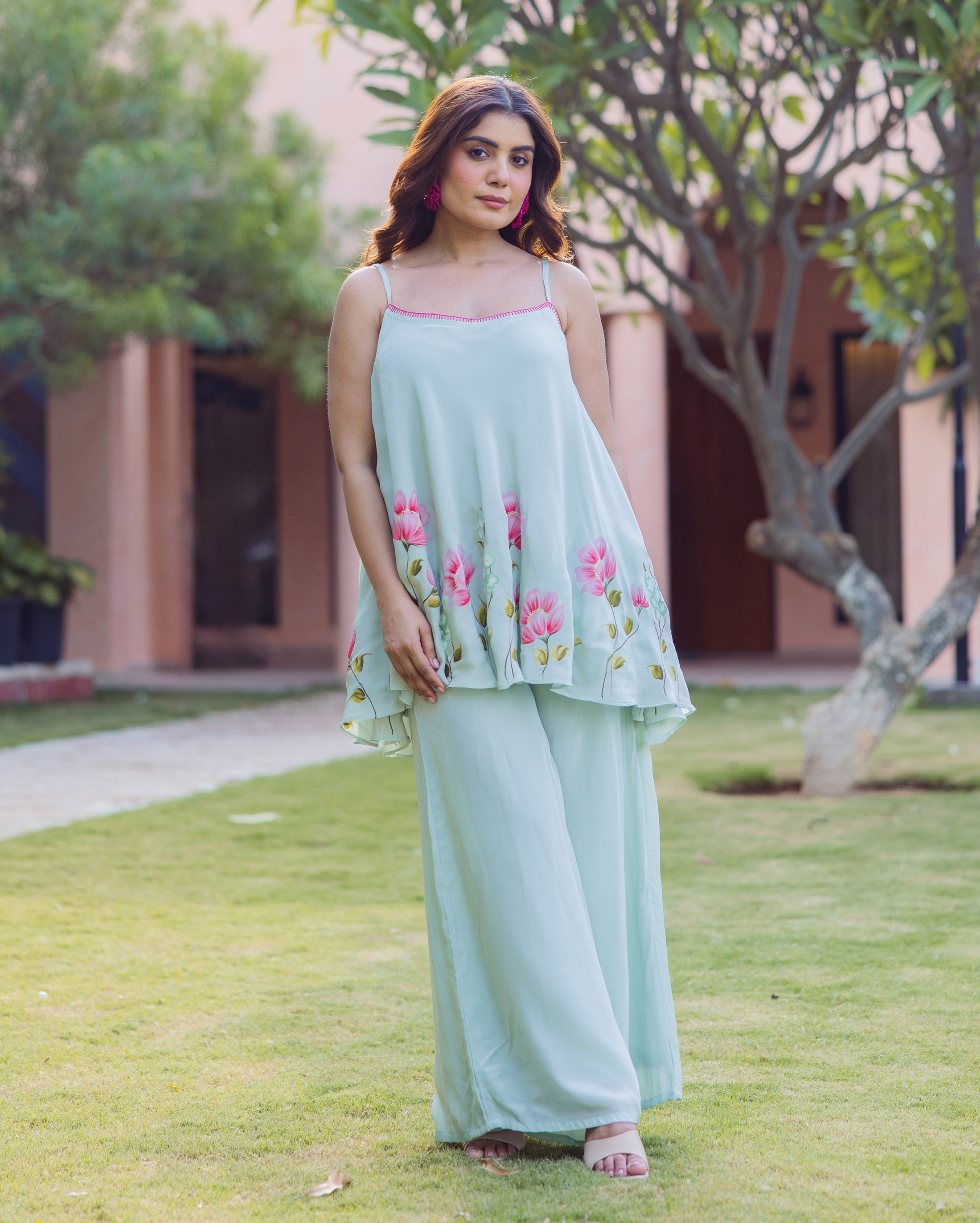 Sanskriti Sage Green Handpainted Crepe Coord Set