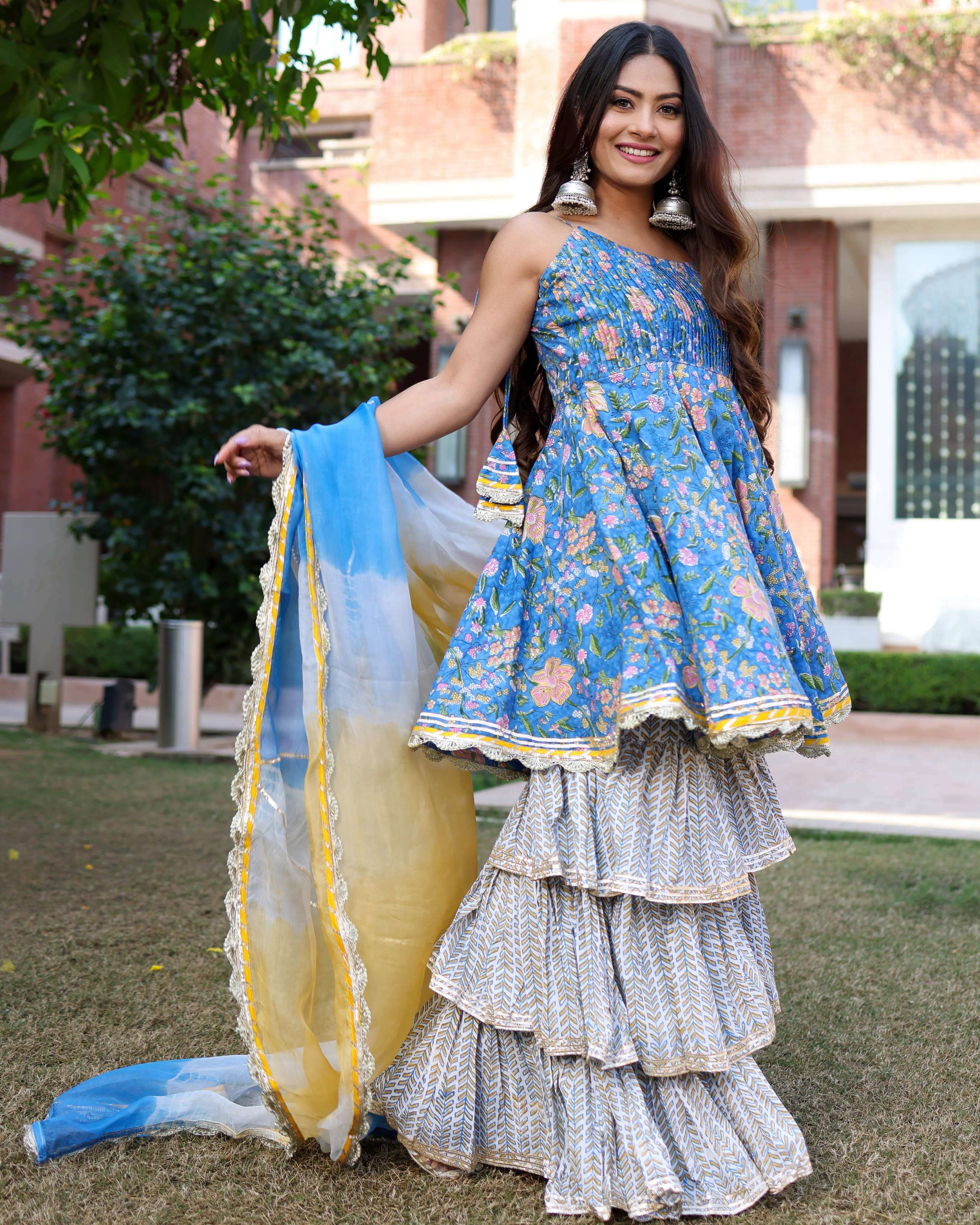 Symphonic Blue Handblock Sharara Set