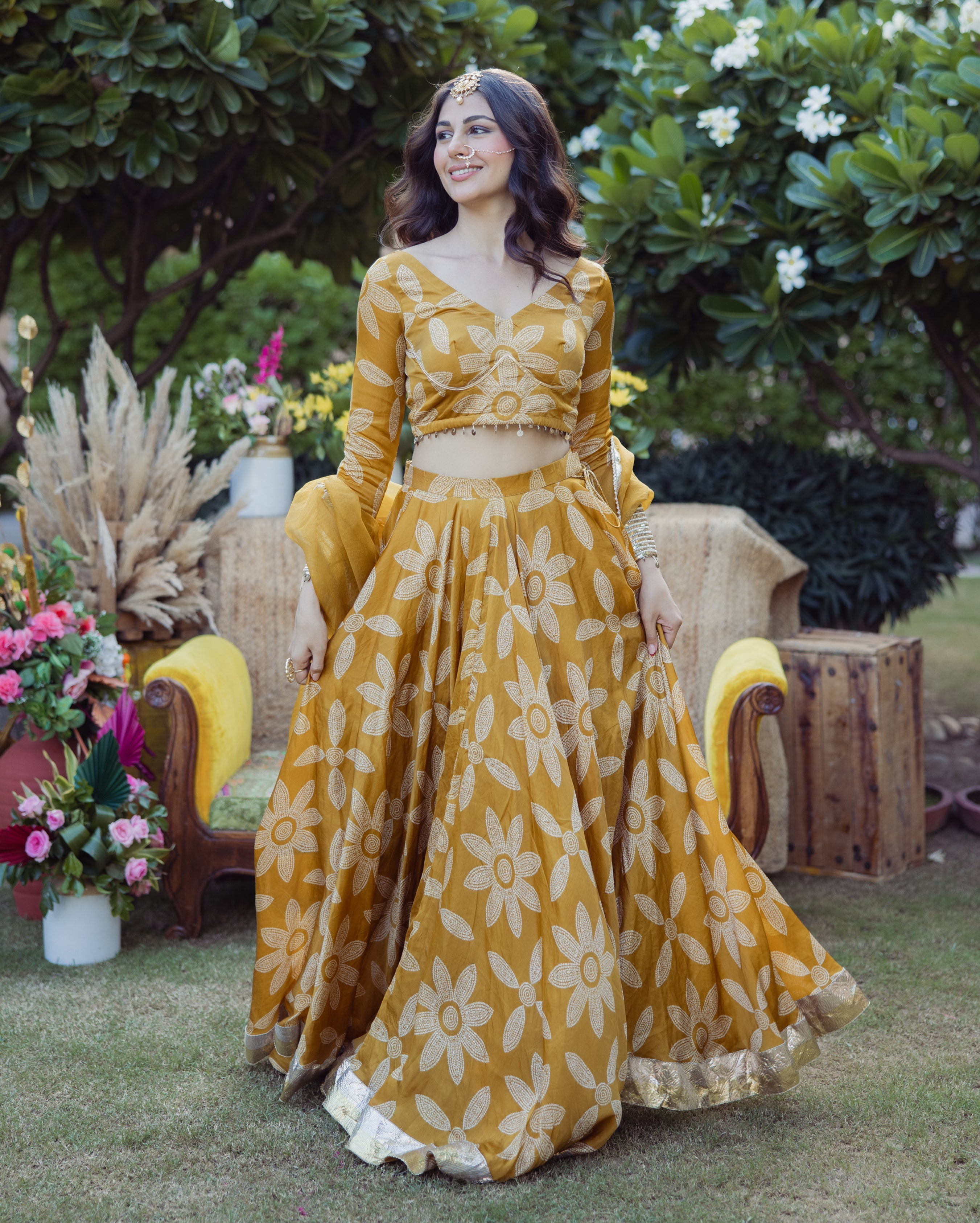 Tulsi Mustard Bandhani Satin Lehenga Set