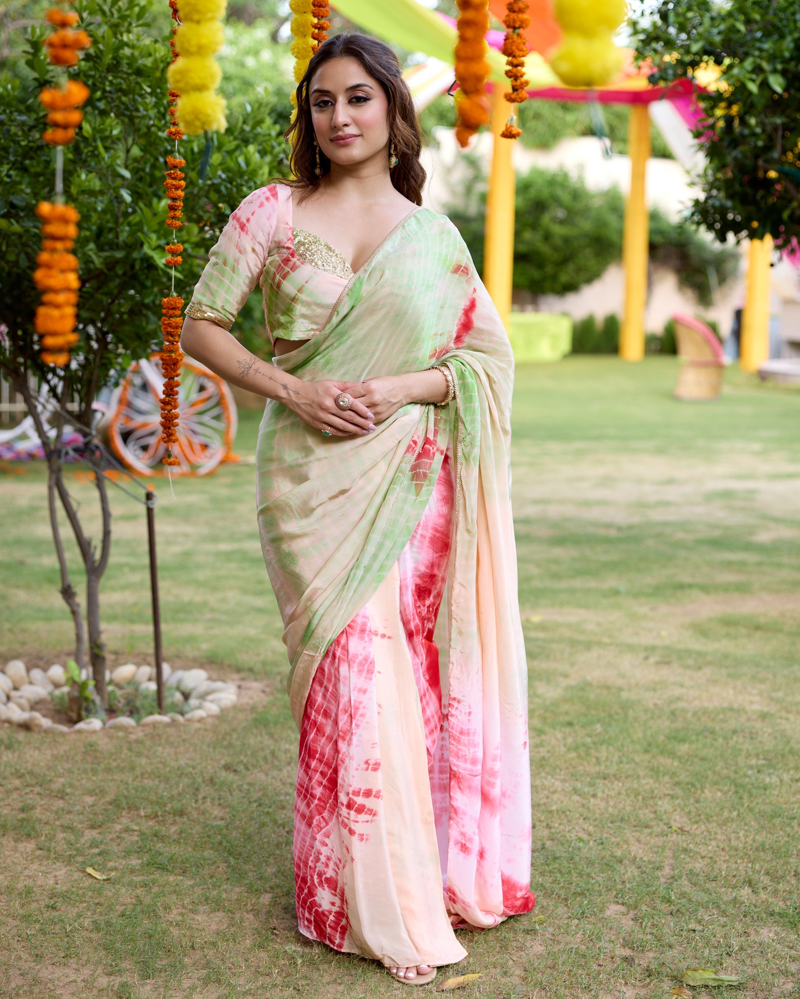 Drishti Multi Tie Dye Soft Organza Pre Draped Saree