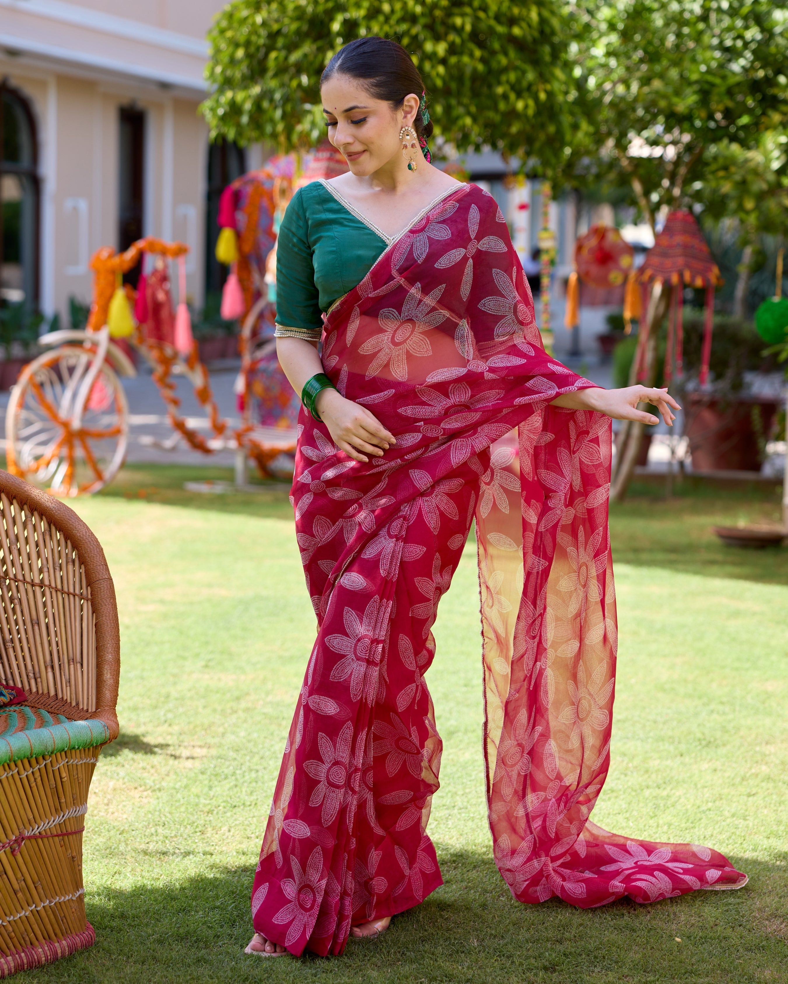 Mugdha Pink Bandhani Organza Saree