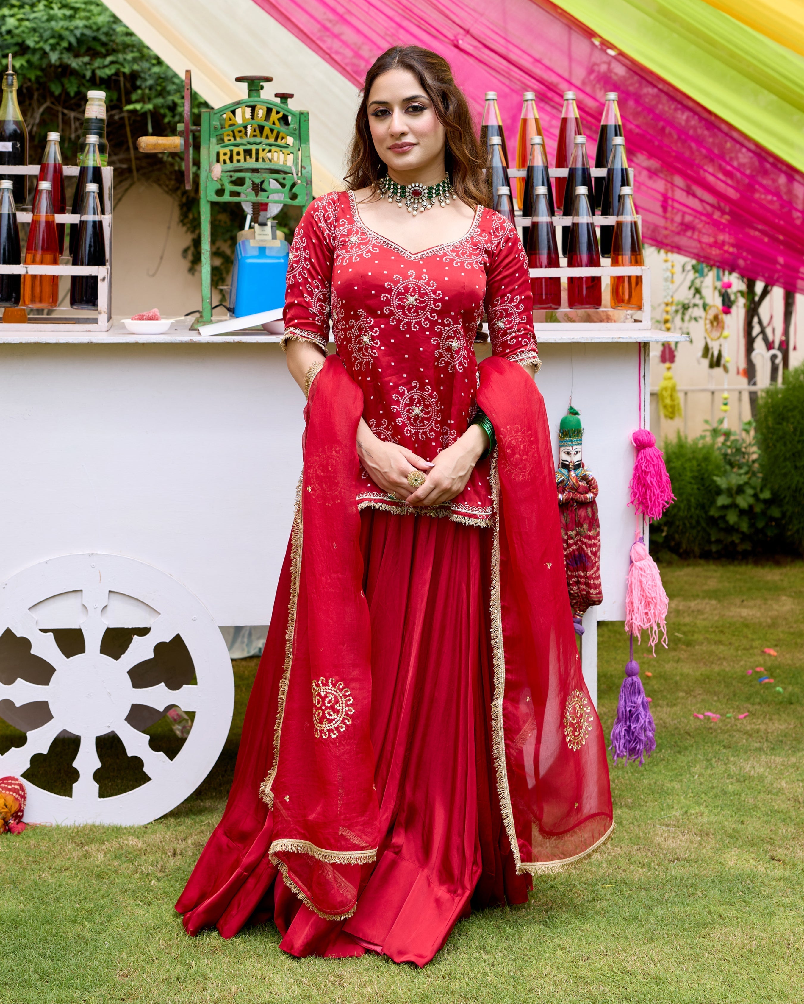Amrit Red Bandhani Satin Lehenga Set