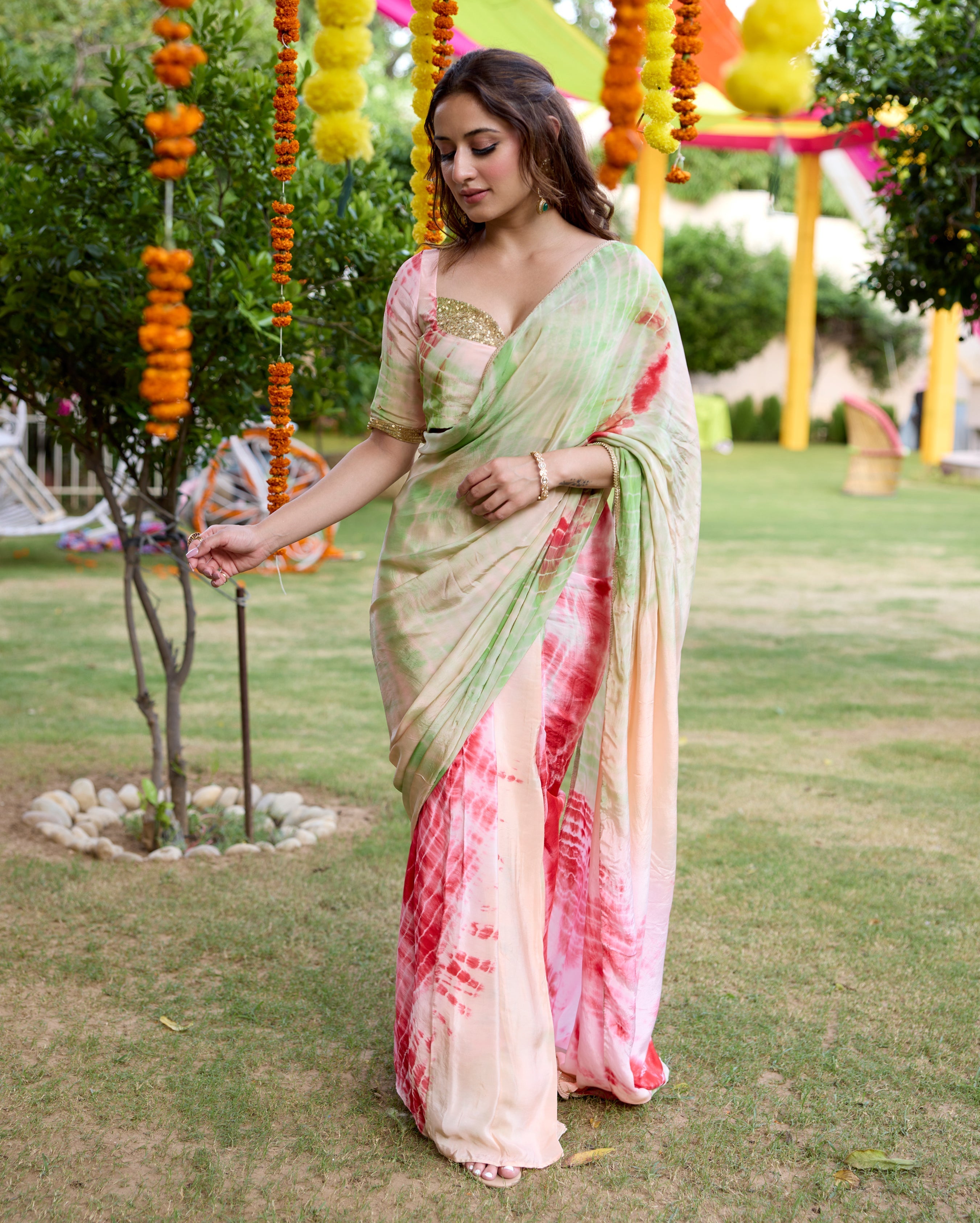 Drishti Multi Tie Dye Soft Organza Pre Draped Saree