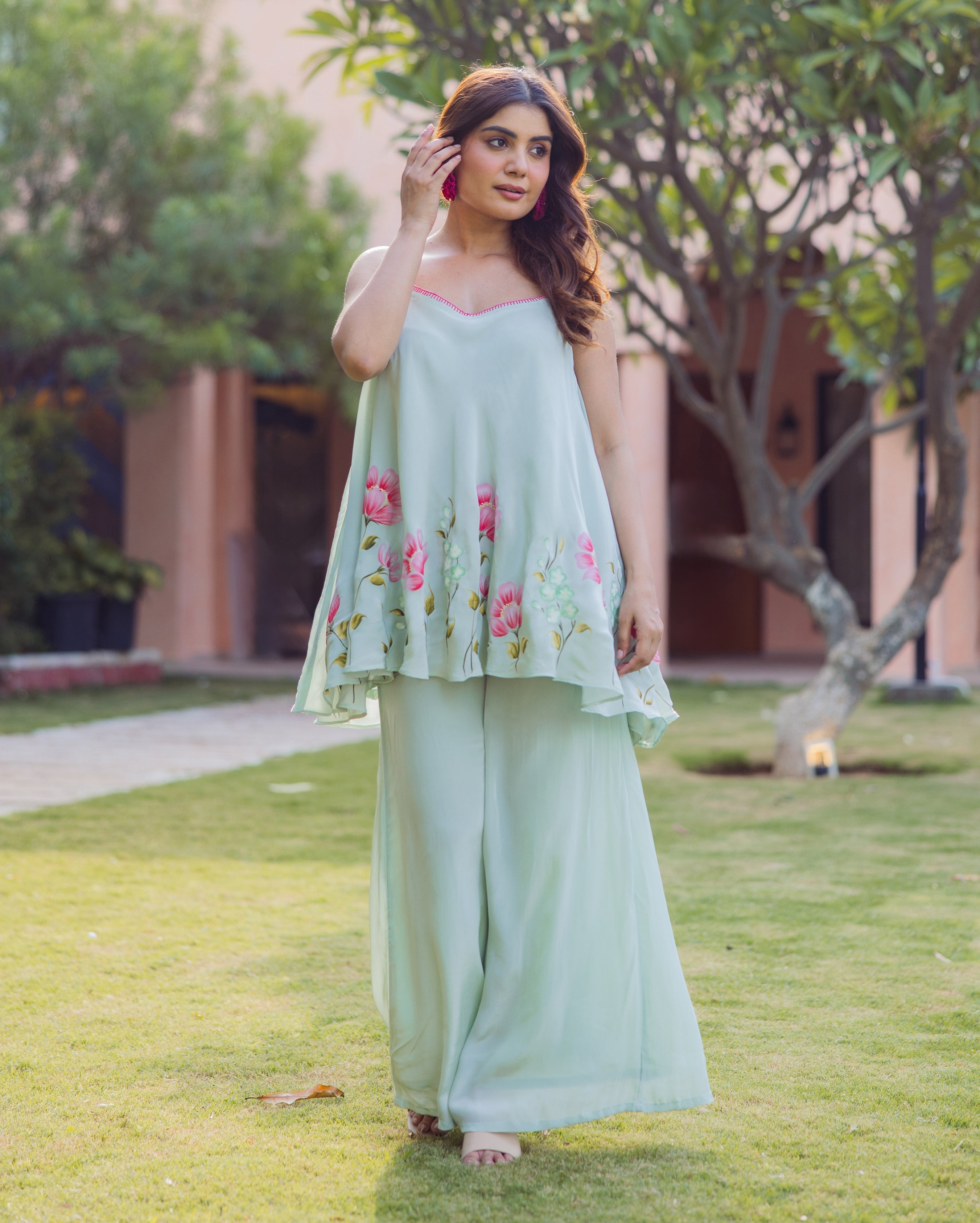 Sanskriti Sage Green Handpainted Crepe Coord Set