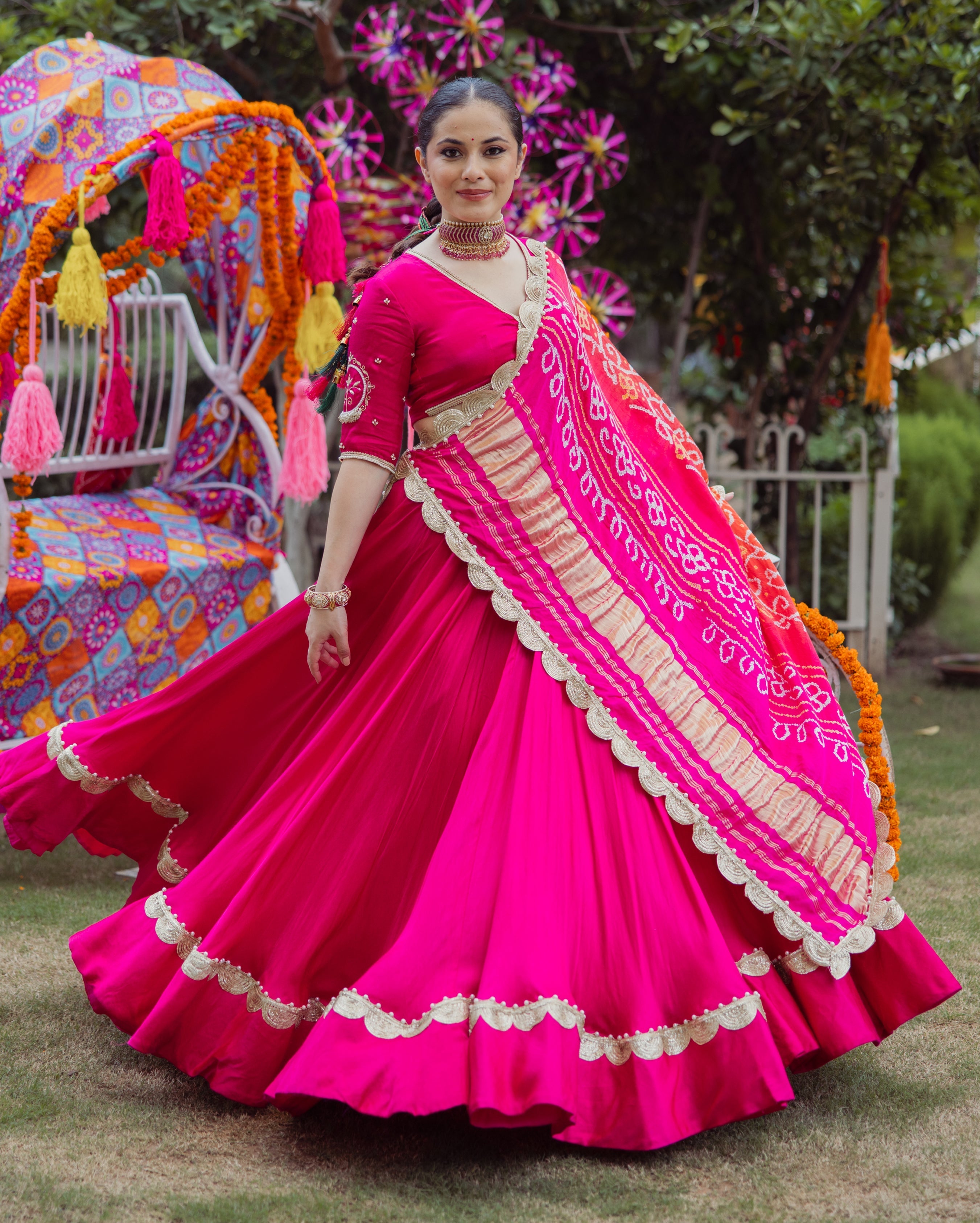 Bhagya Pink Solid Satin Lehenga Set