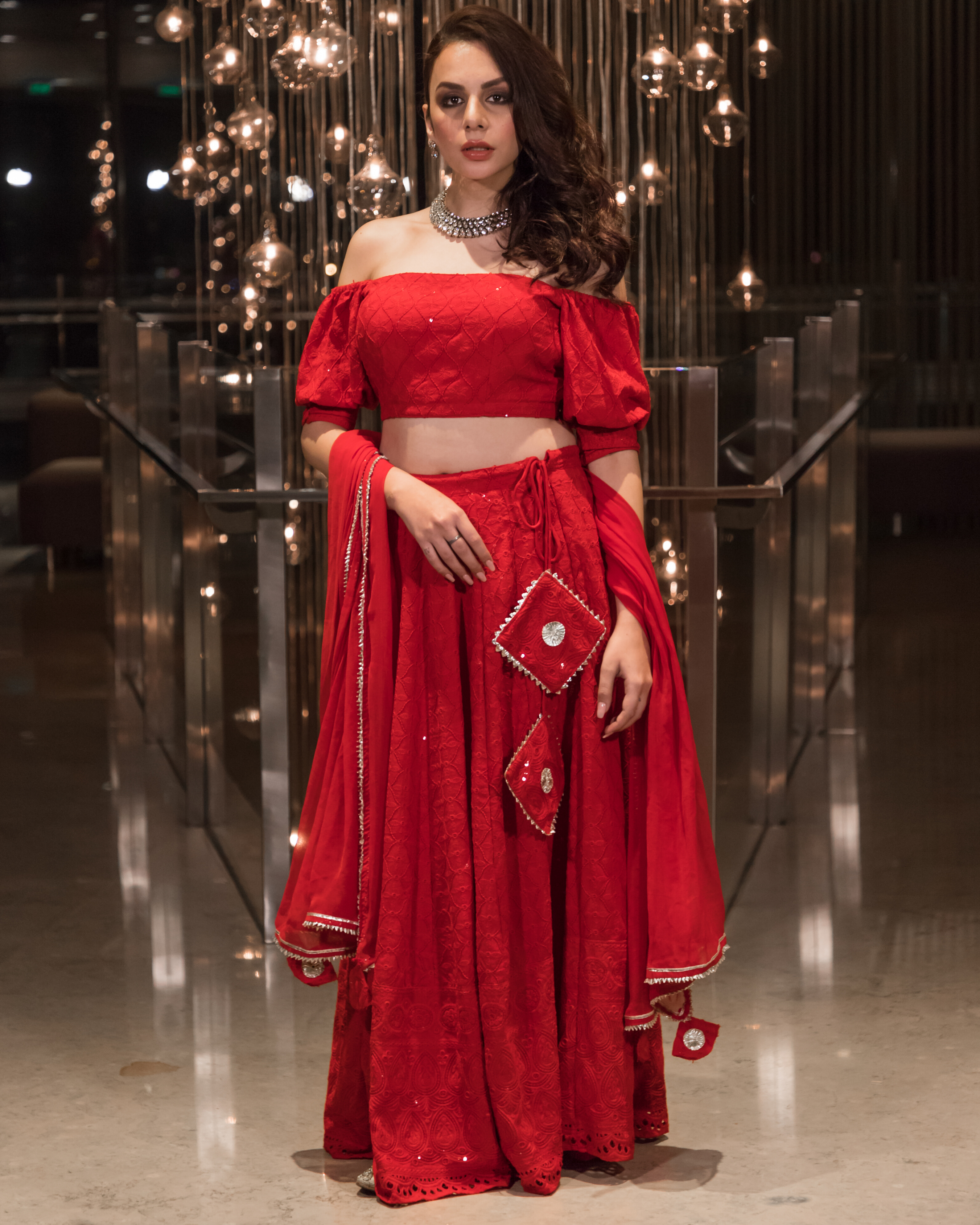 Red Chikankari Gotapatti Lehenga Set