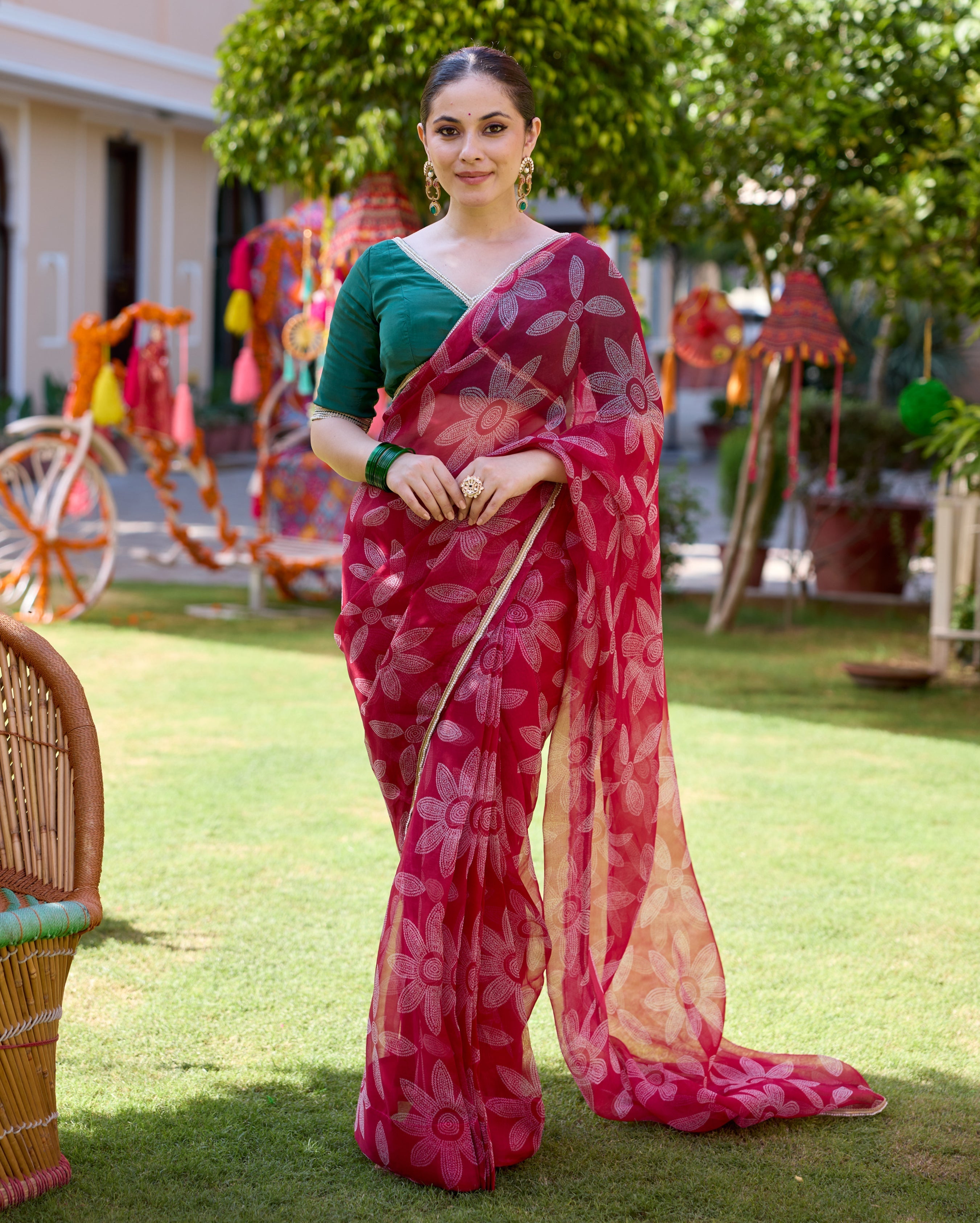 Mugdha Pink Bandhani Organza Saree