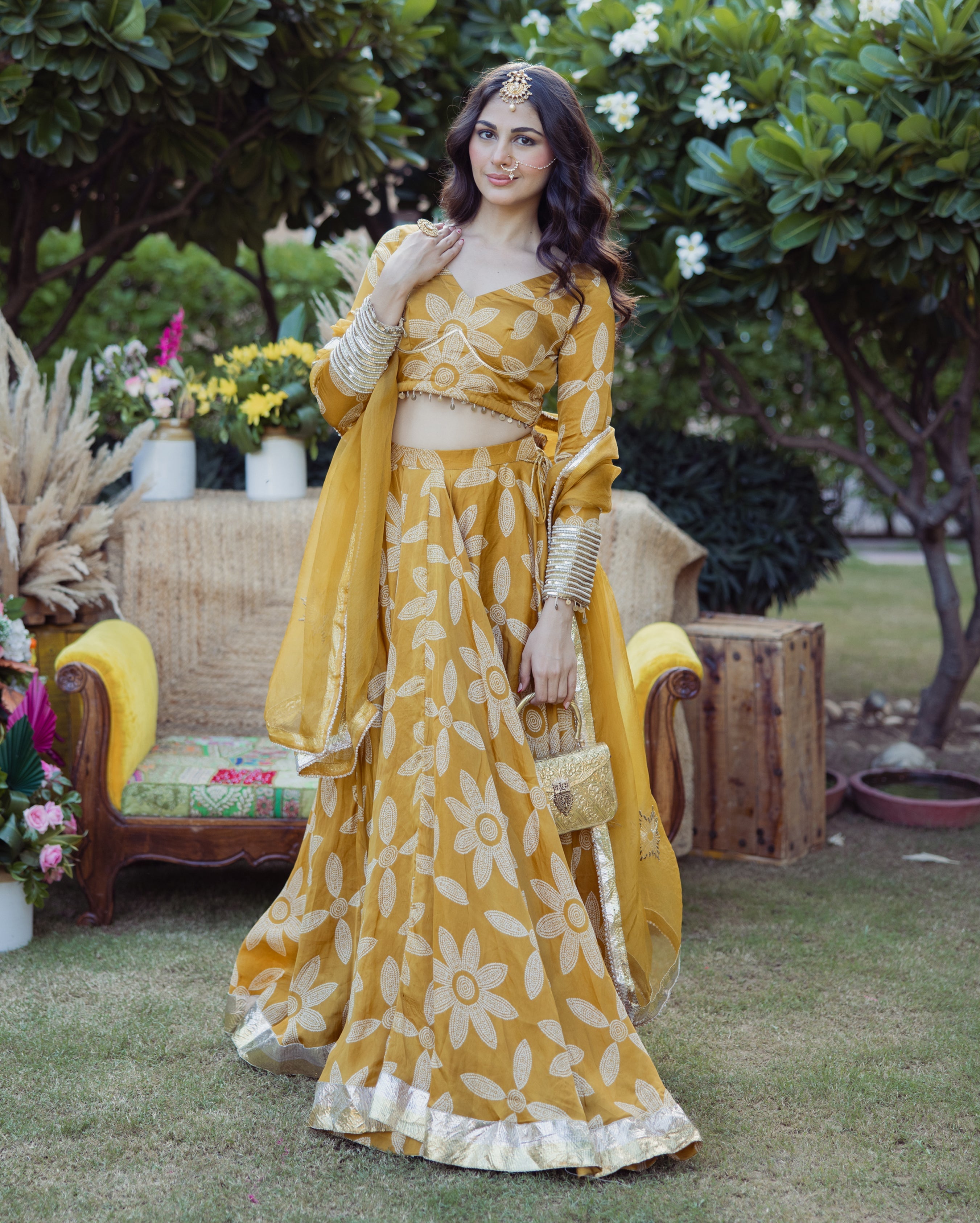 Tulsi Mustard Bandhani Satin Lehenga Set
