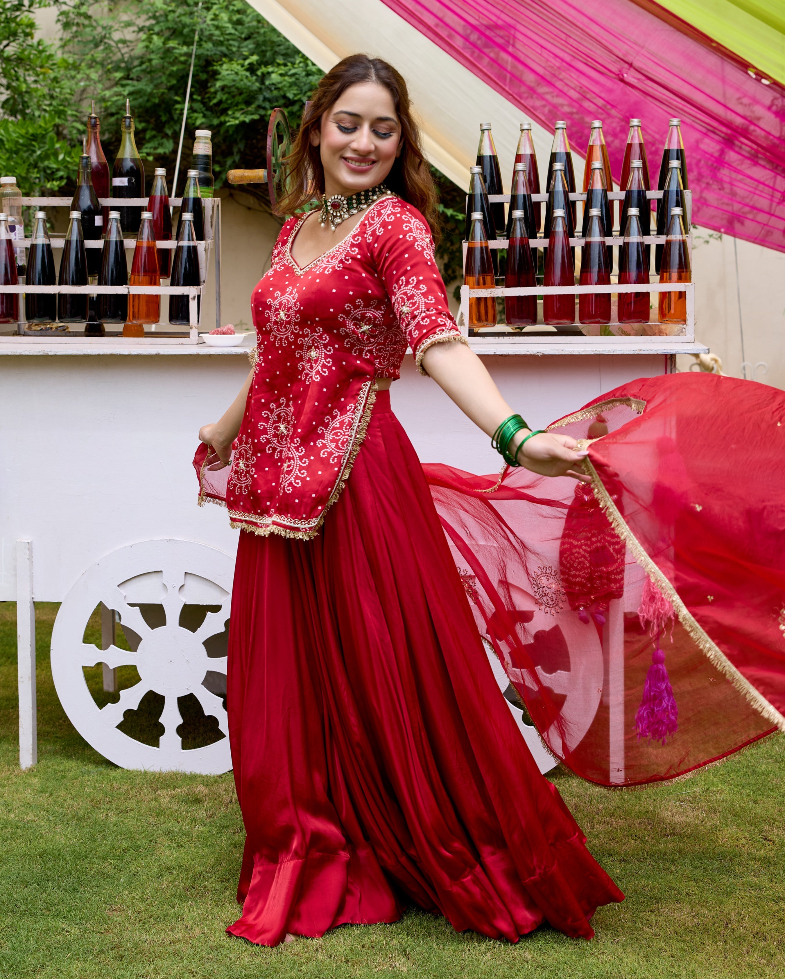 Amrit Red Bandhani Satin Lehenga Set