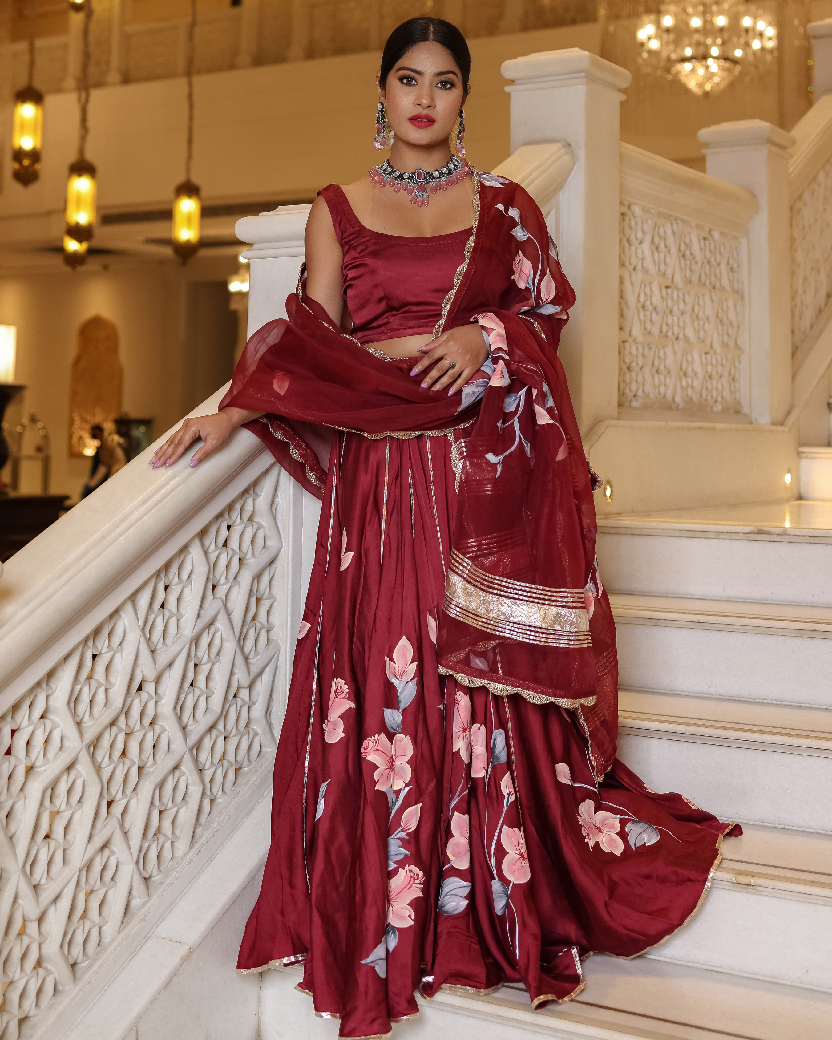Fired Brick Handpainted Lehenga Set