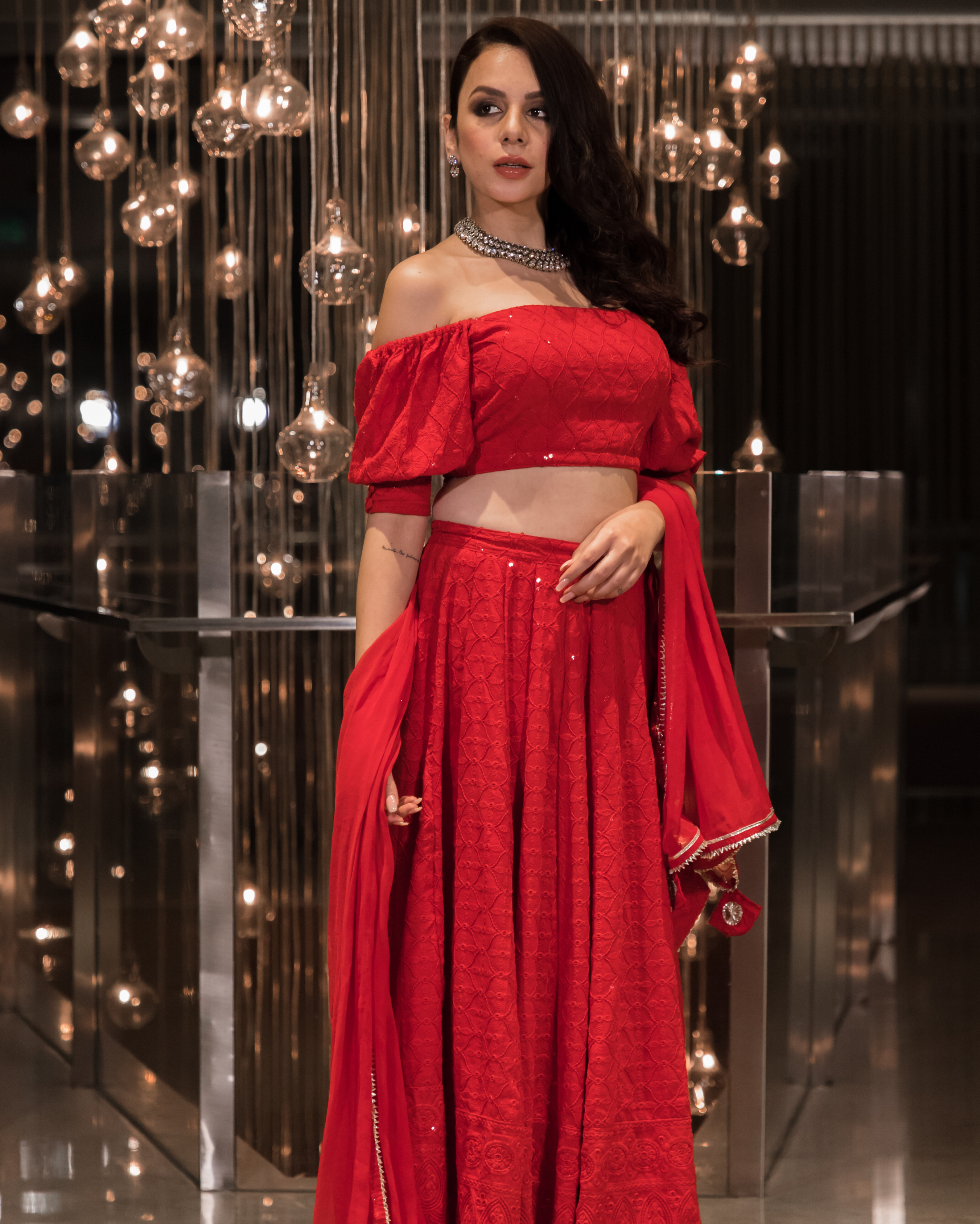 Red Chikankari Gotapatti Lehenga Set