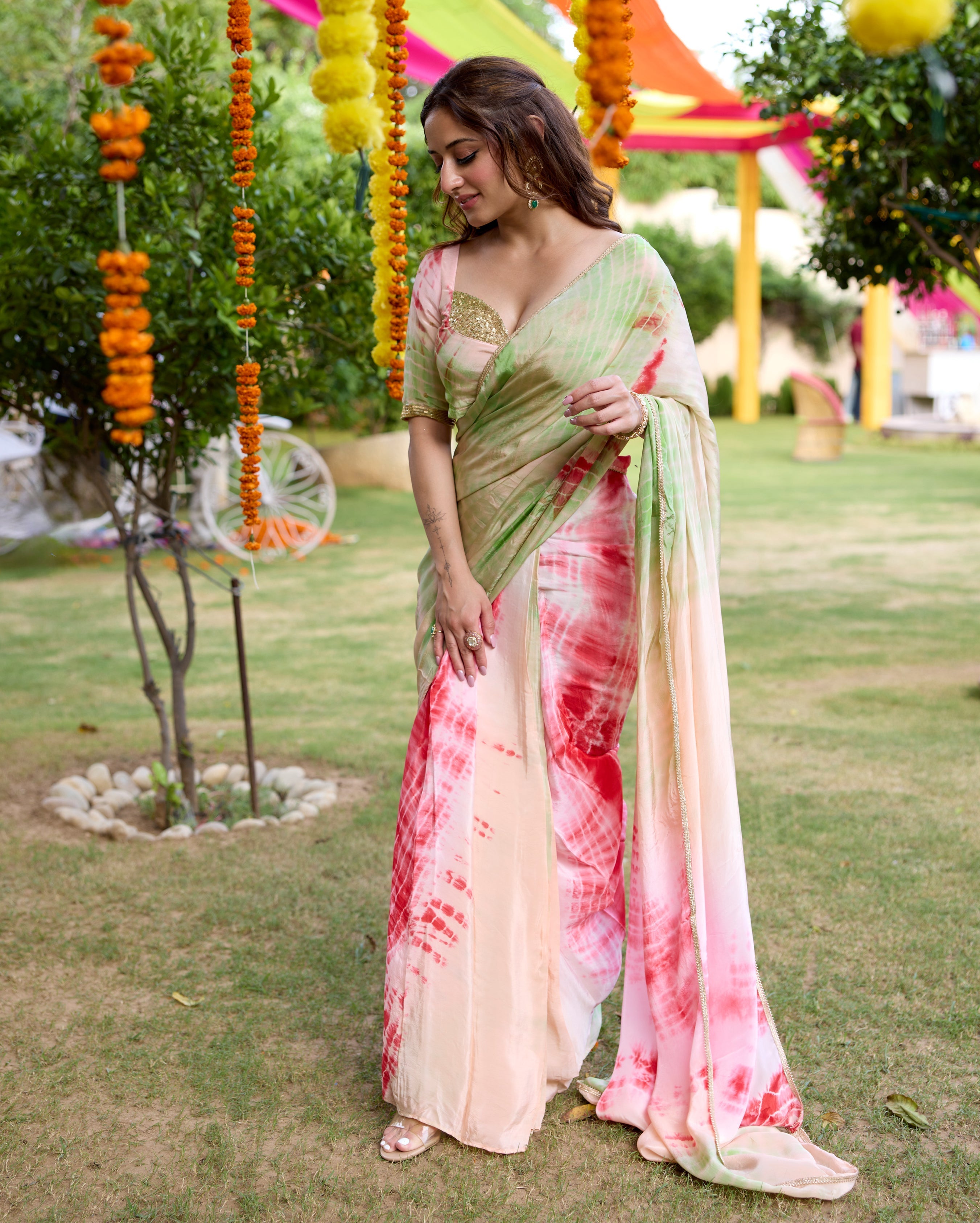 Drishti Multi Tie Dye Soft Organza Pre Draped Saree