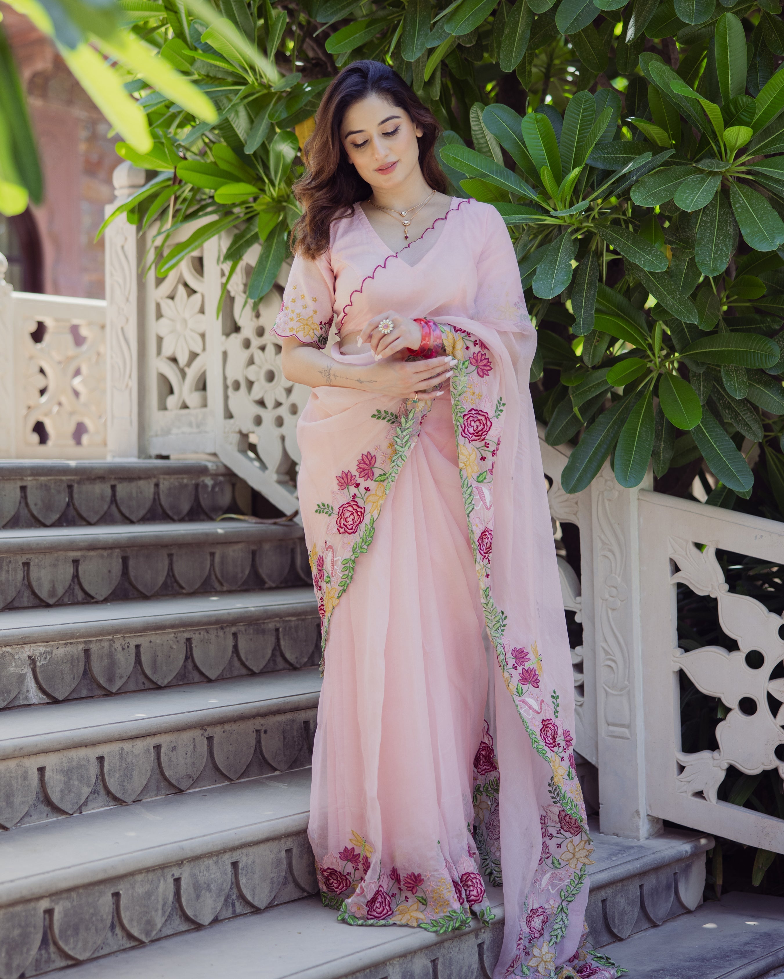 Posh Peach Embroidered Organza Saree