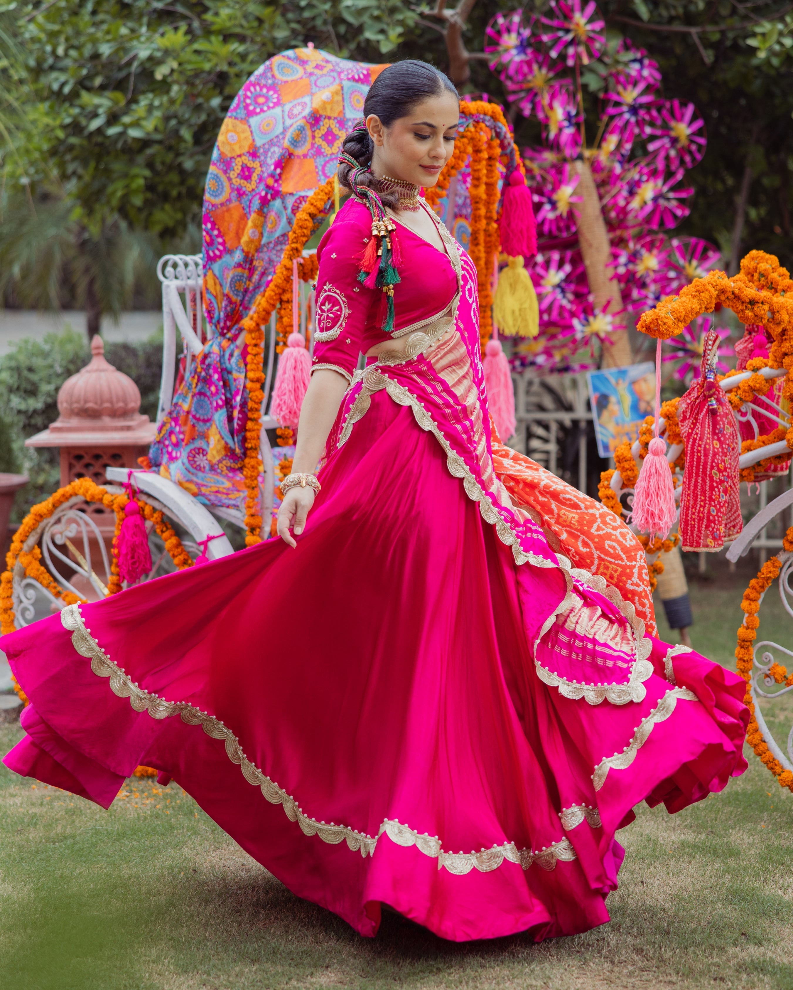 Bhagya Pink Solid Satin Lehenga Set