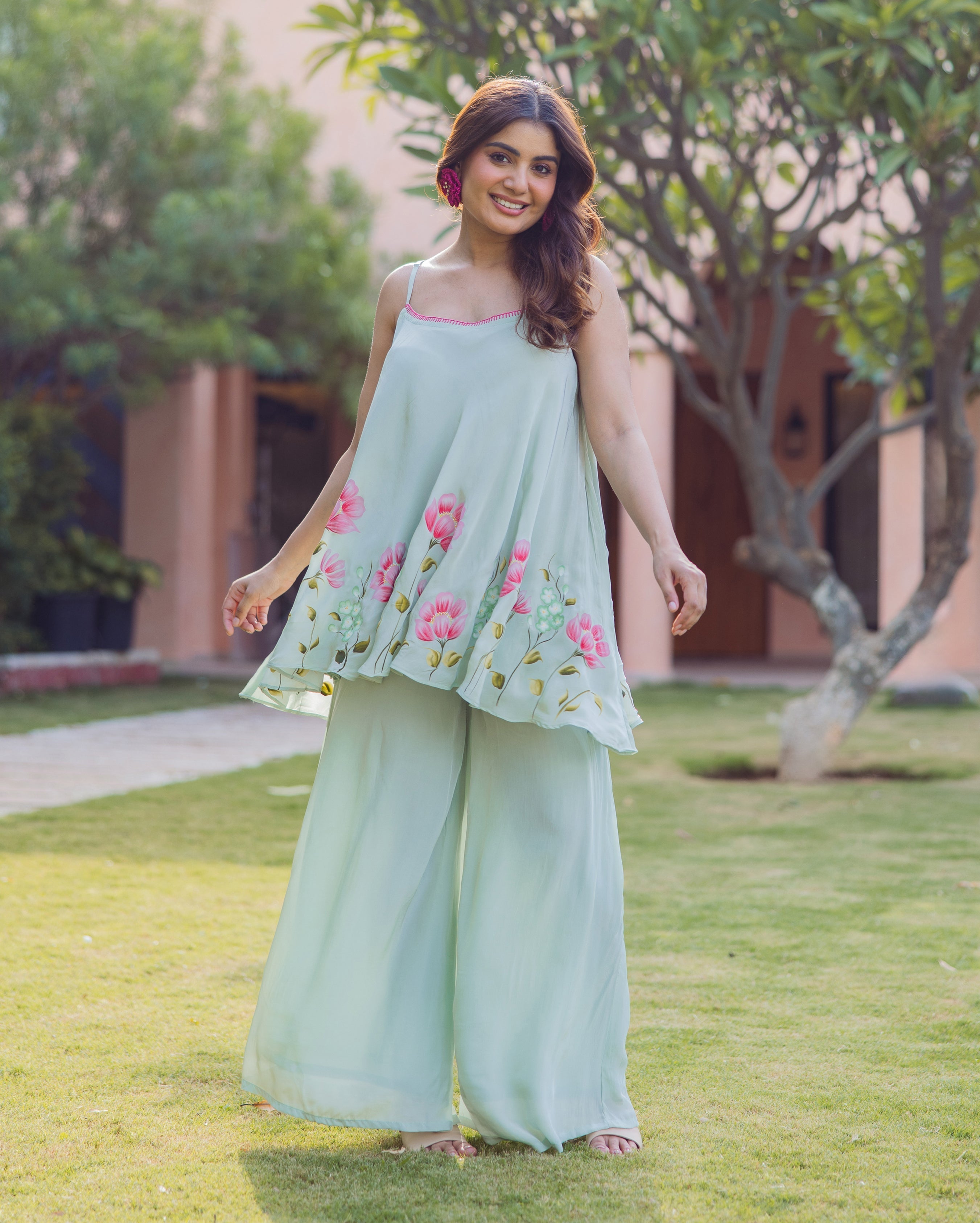 Sanskriti Sage Green Handpainted Crepe Coord Set