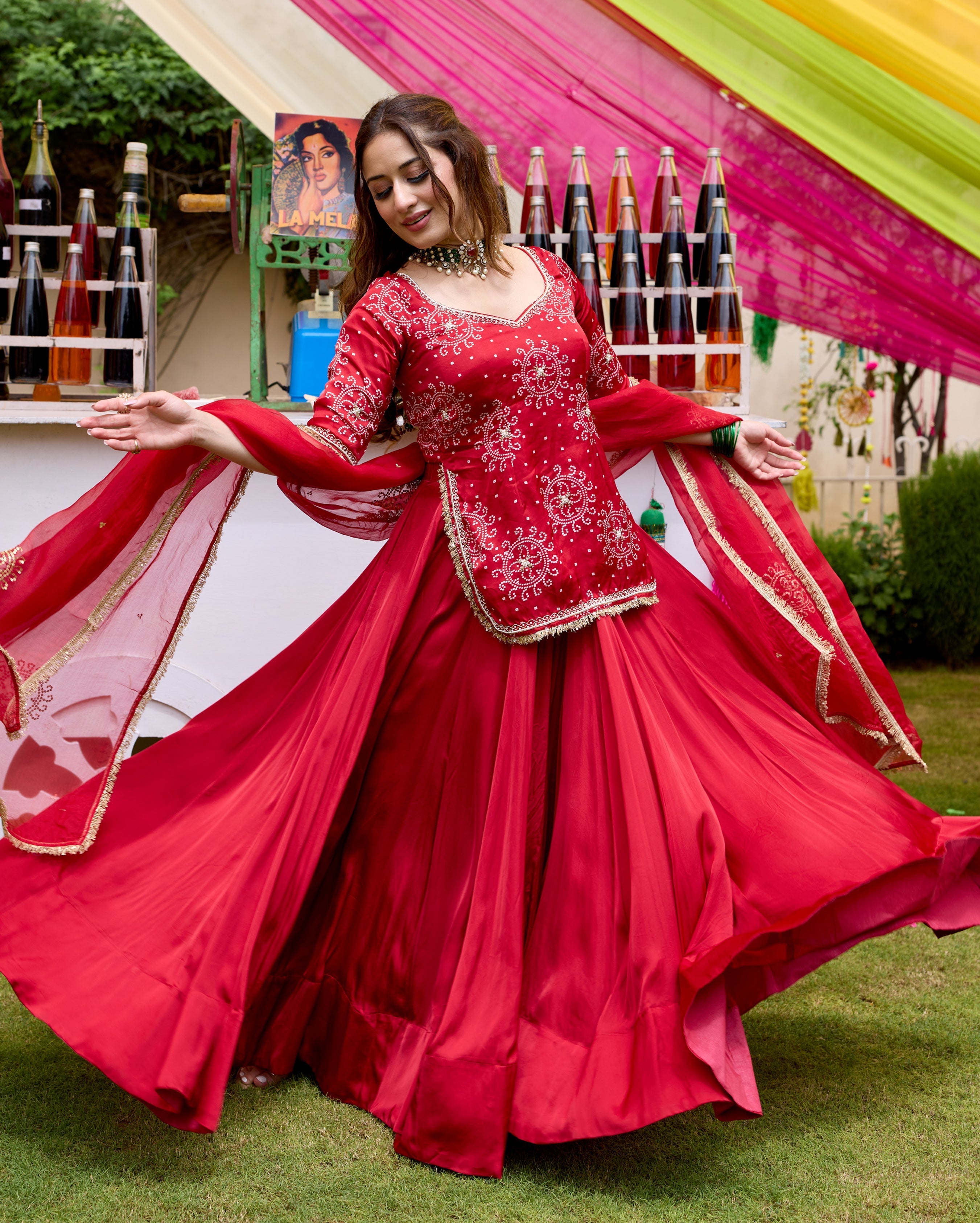 Amrit Red Bandhani Satin Lehenga Set