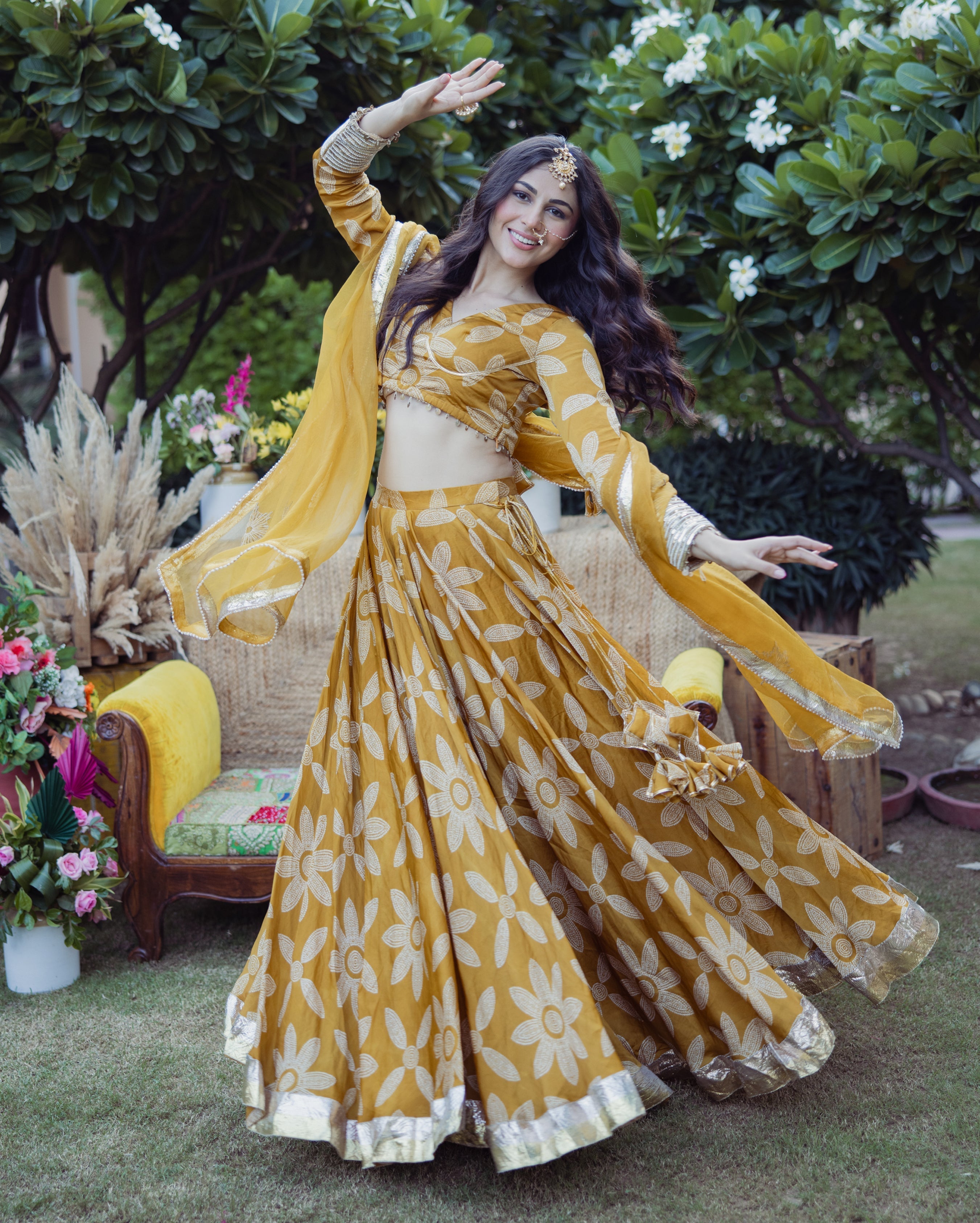 Tulsi Mustard Bandhani Satin Lehenga Set