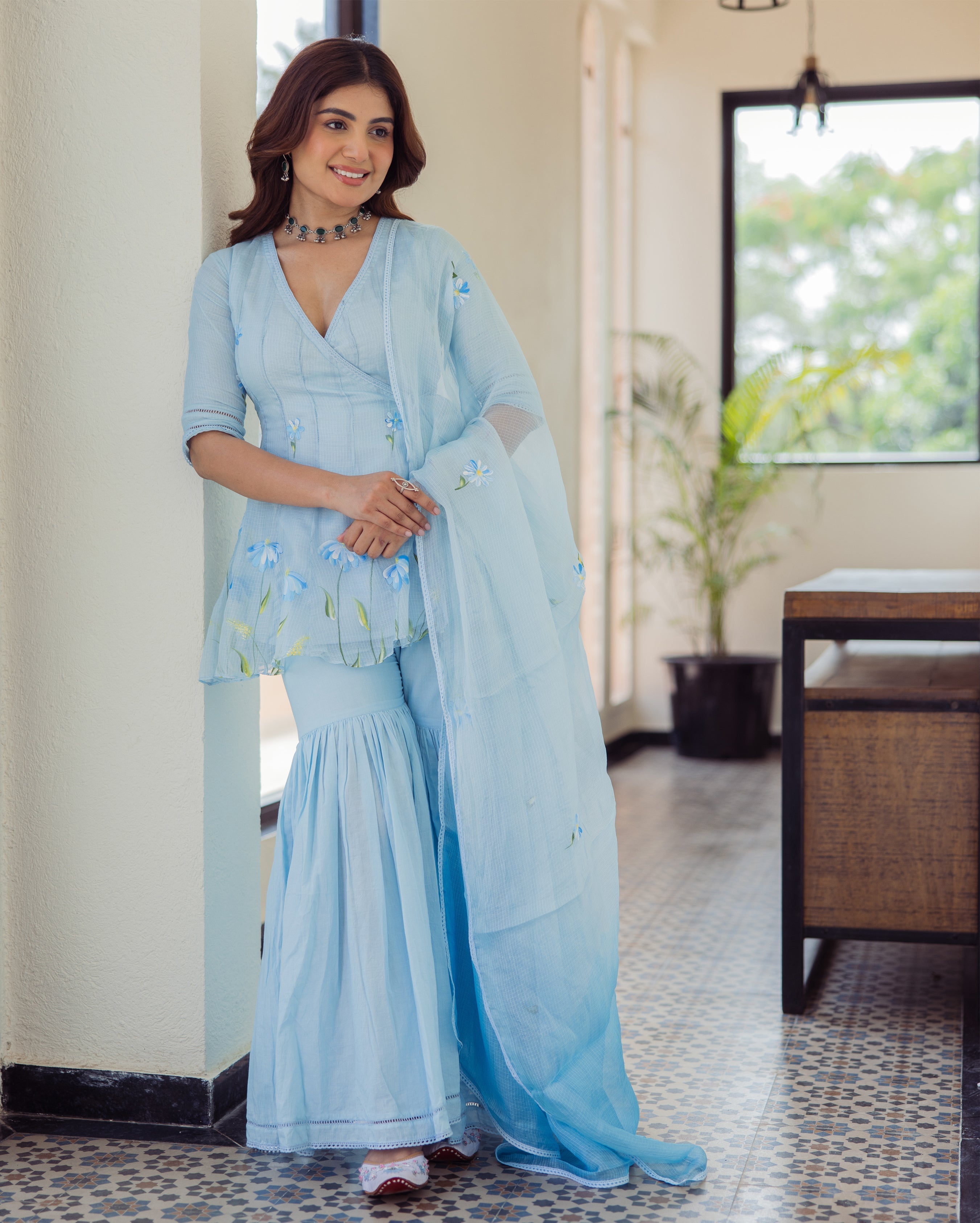 Vivid Blue Handpainted Doria Sharara Set
