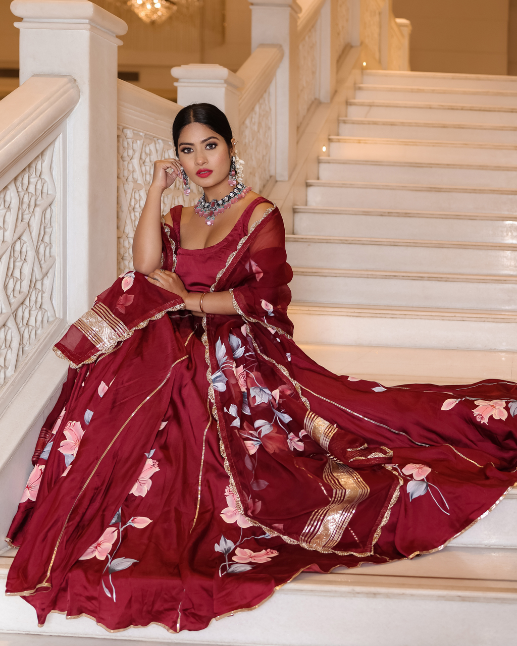 Fired Brick Handpainted Lehenga Set