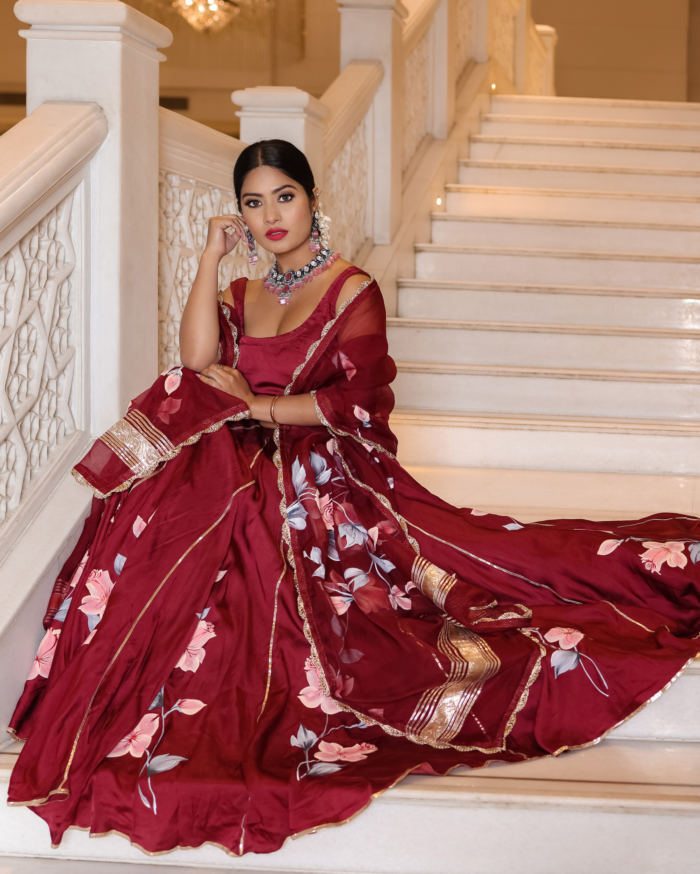 Fired Brick Handpainted Lehenga Set