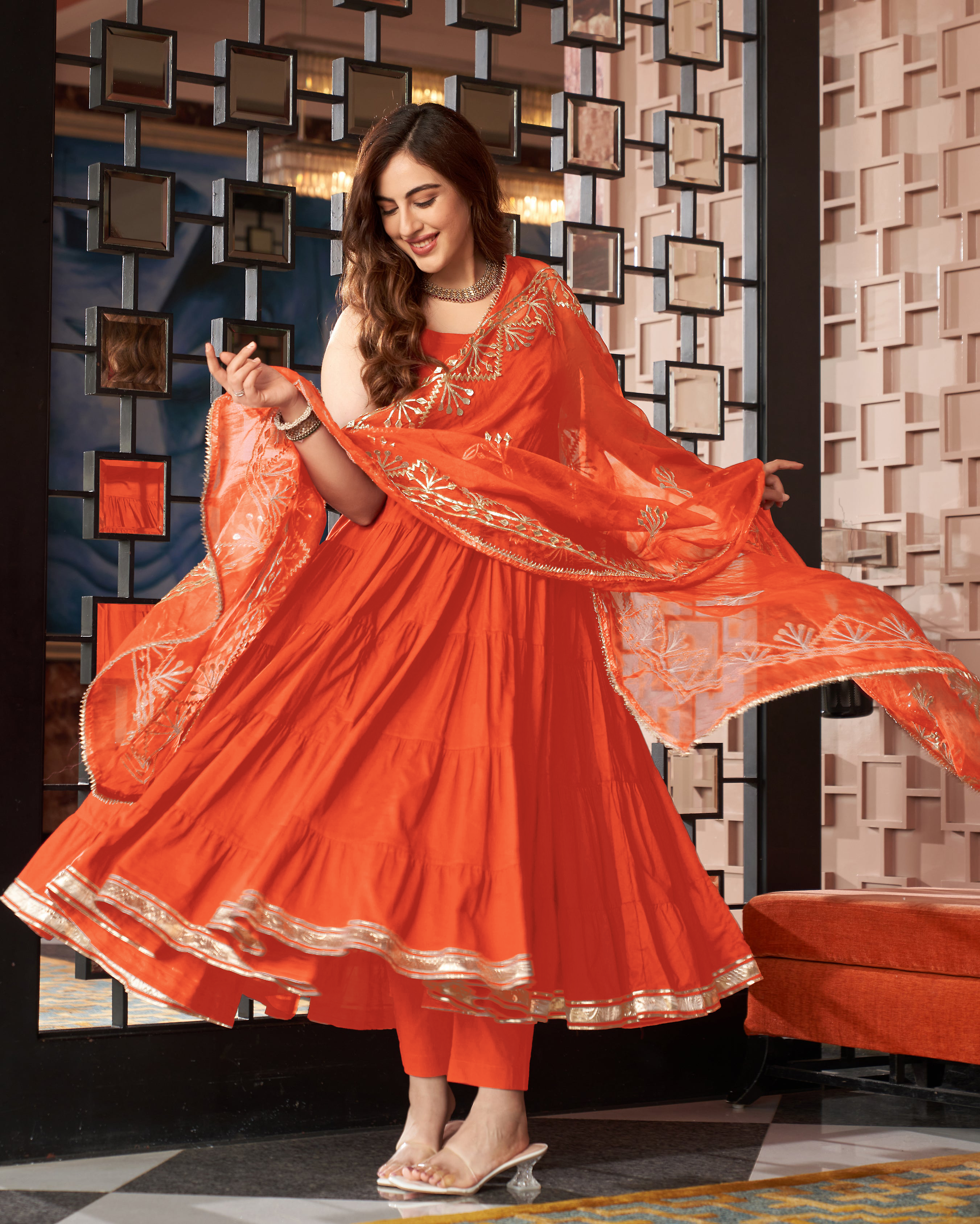 Ragini Orange Gotapatti Cotton Suit Set