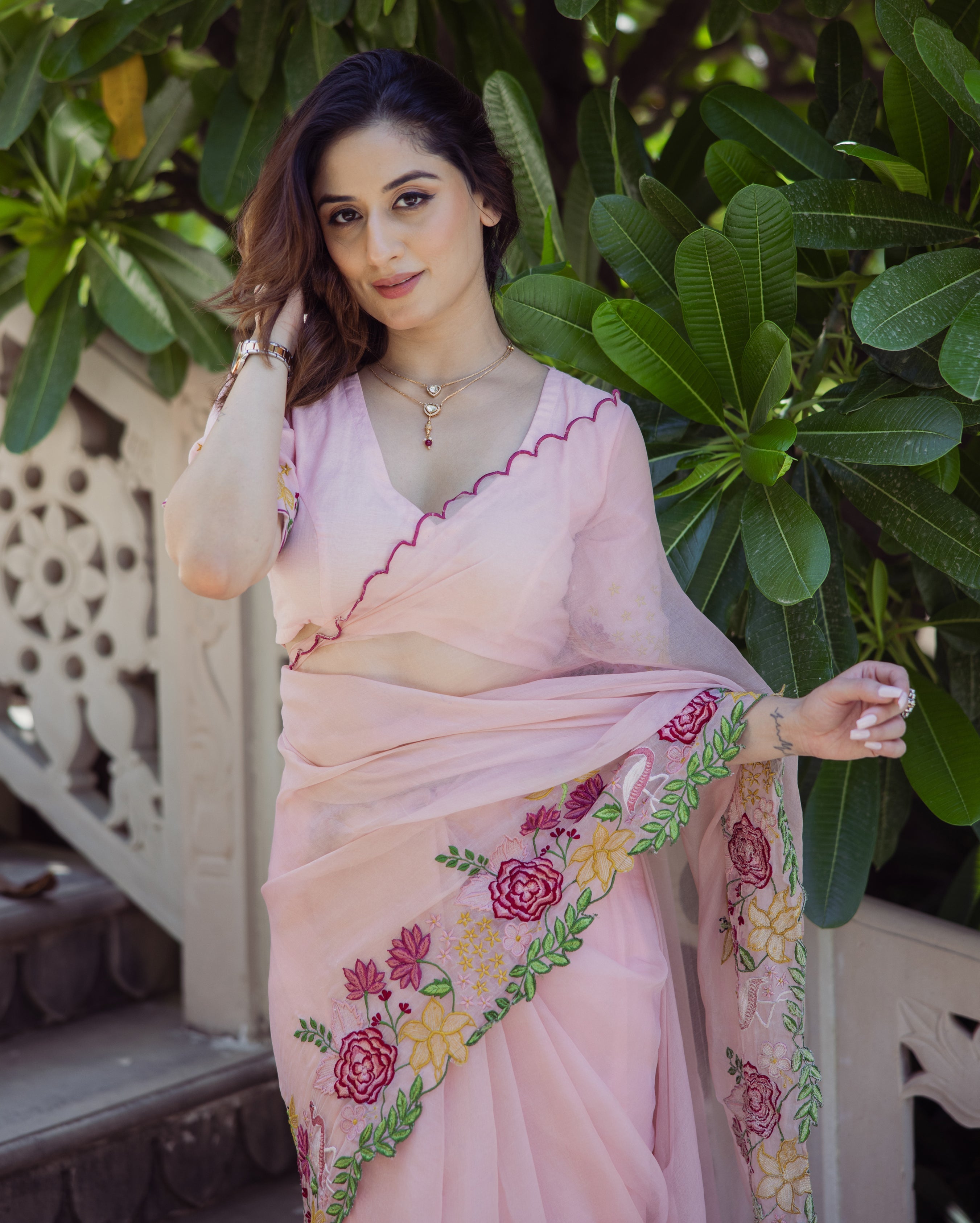 Posh Peach Embroidered Organza Saree
