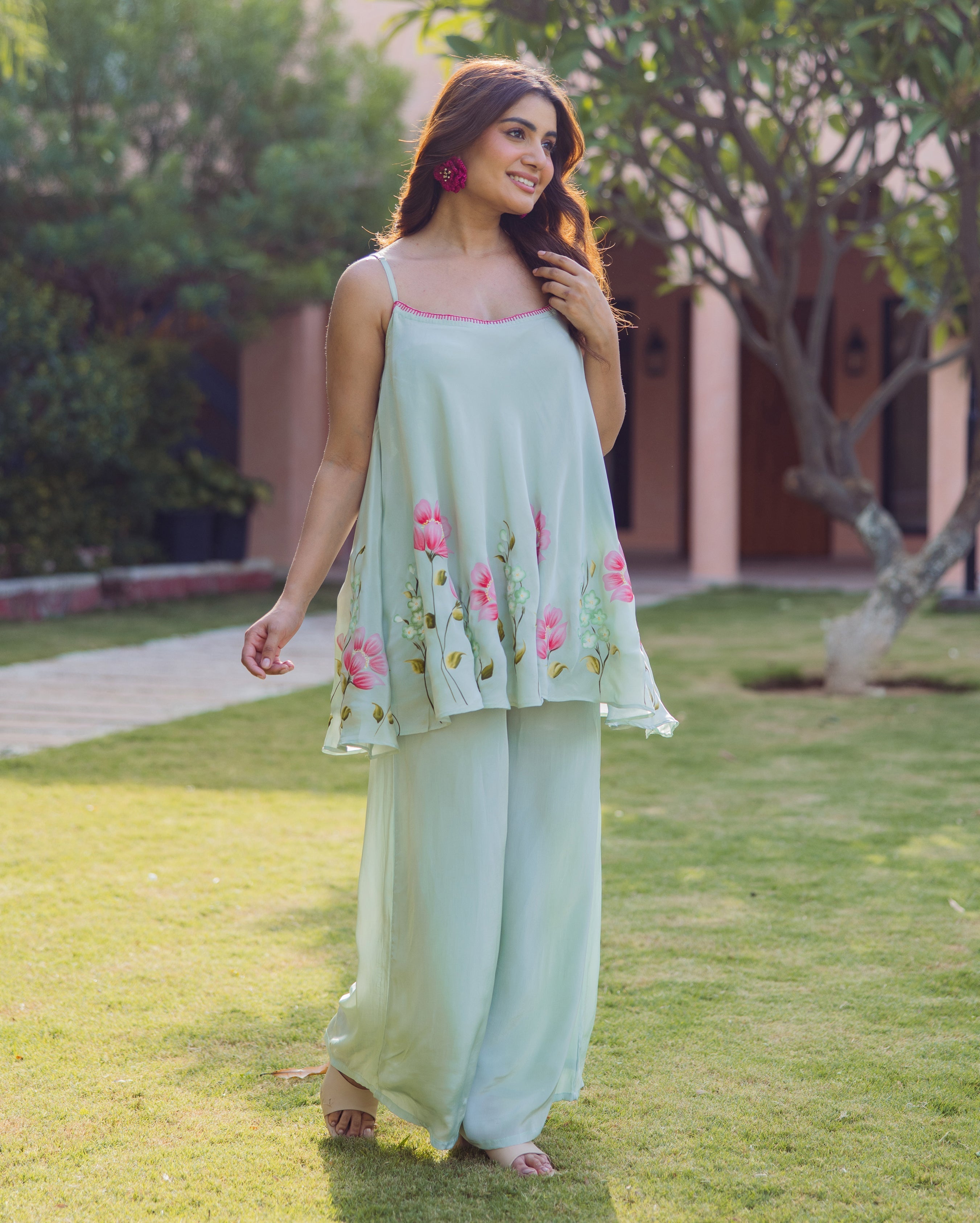 Sanskriti Sage Green Handpainted Crepe Coord Set