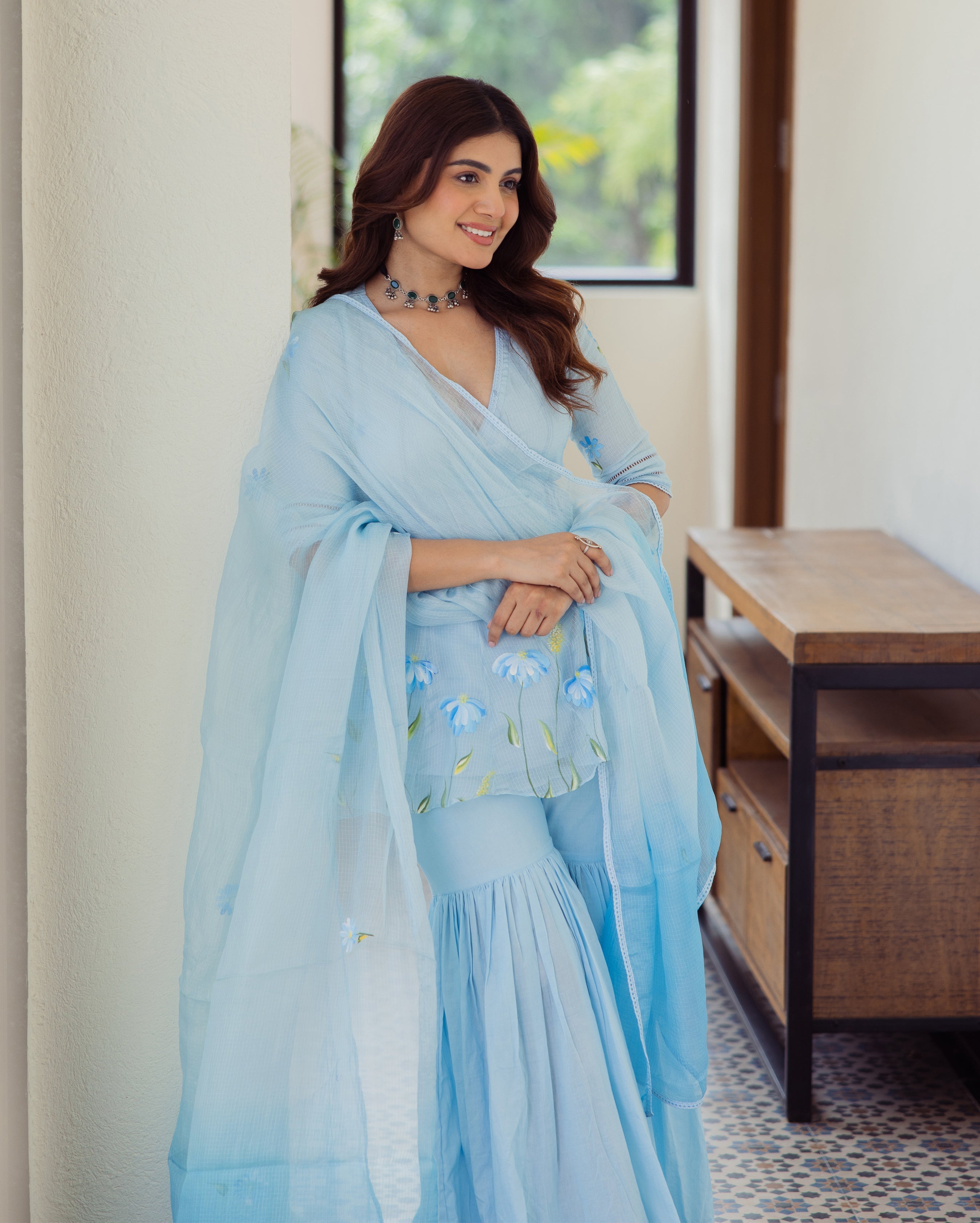 Vivid Blue Handpainted Doria Sharara Set
