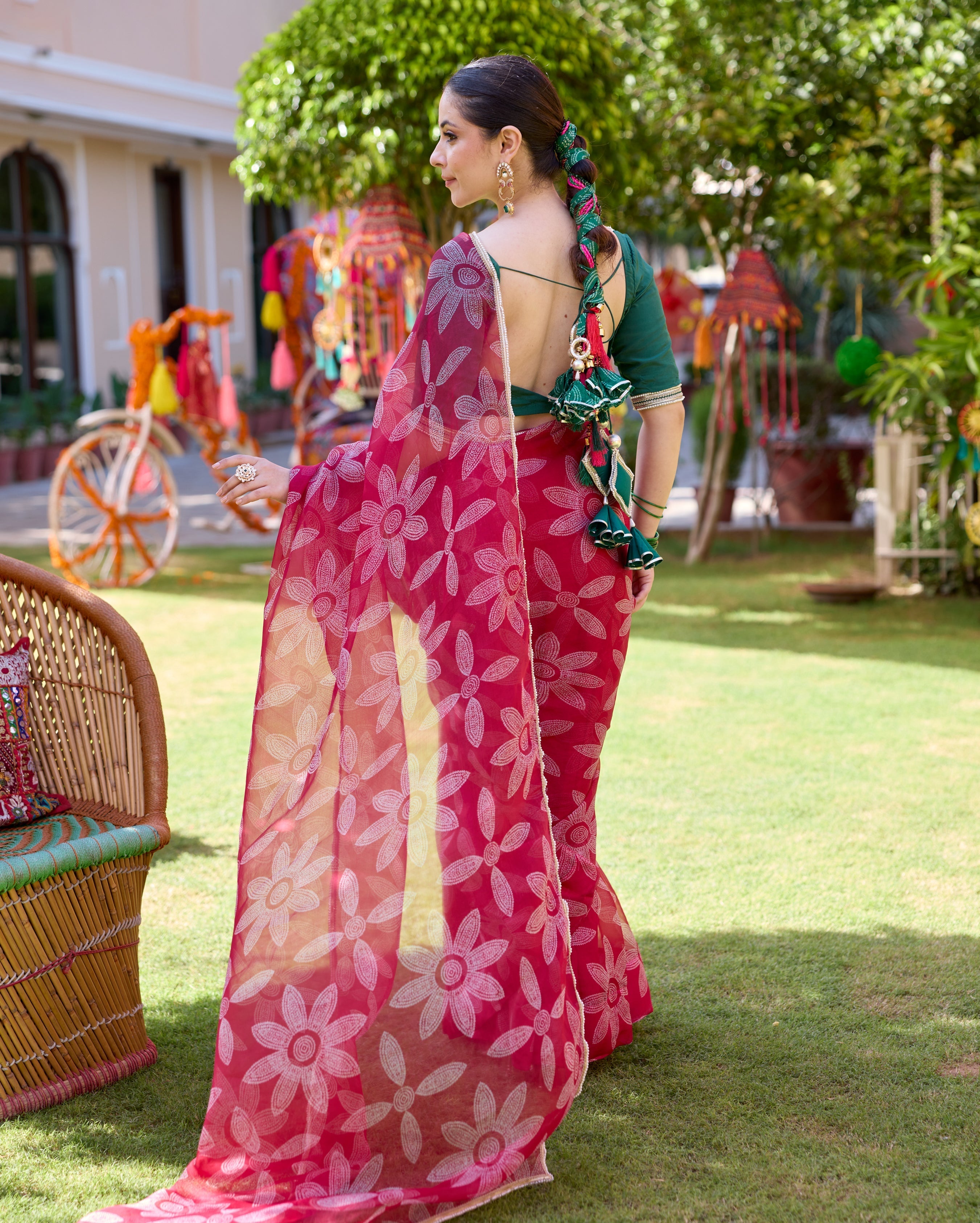 Mugdha Pink Bandhani Organza Saree
