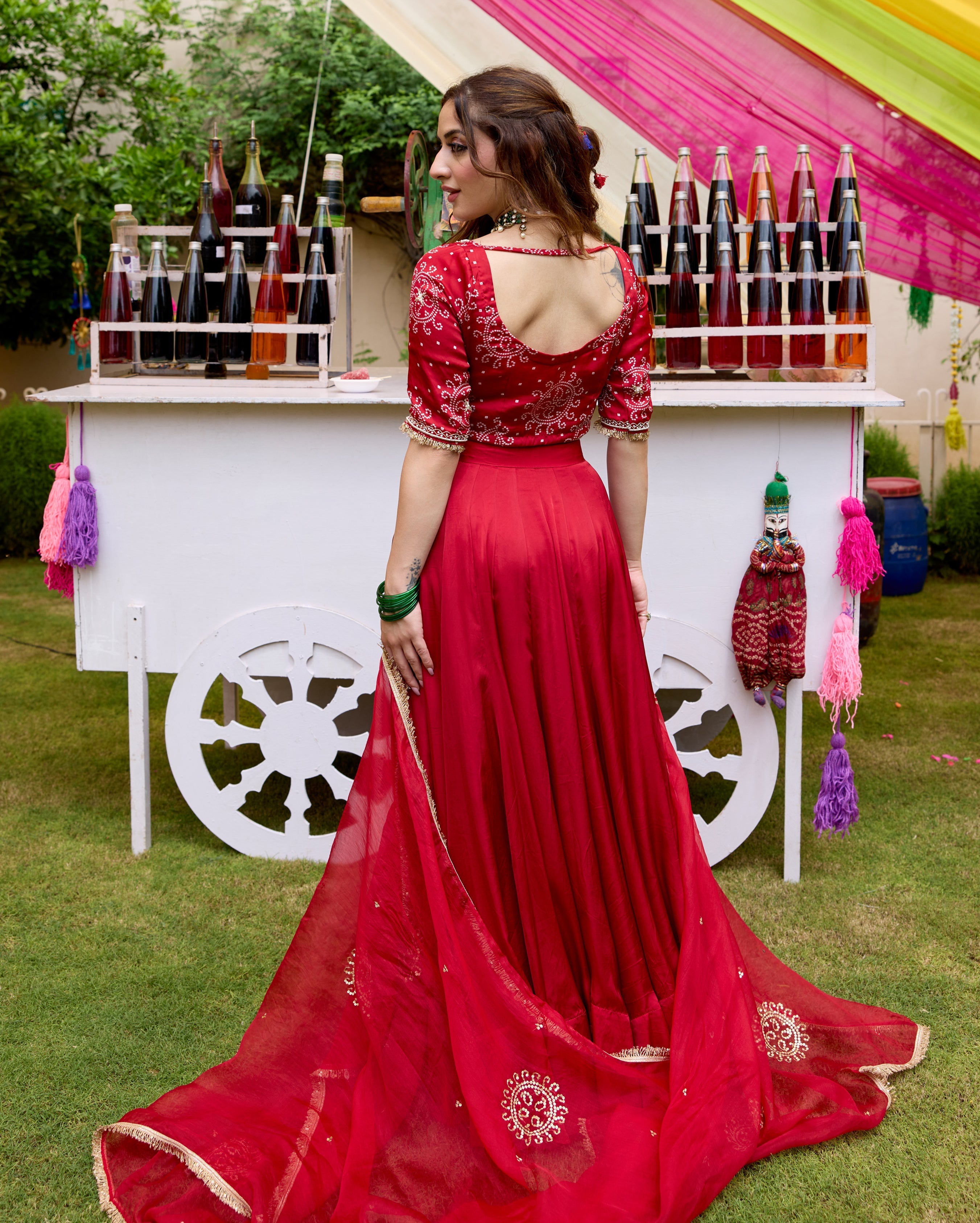 Amrit Red Bandhani Satin Lehenga Set