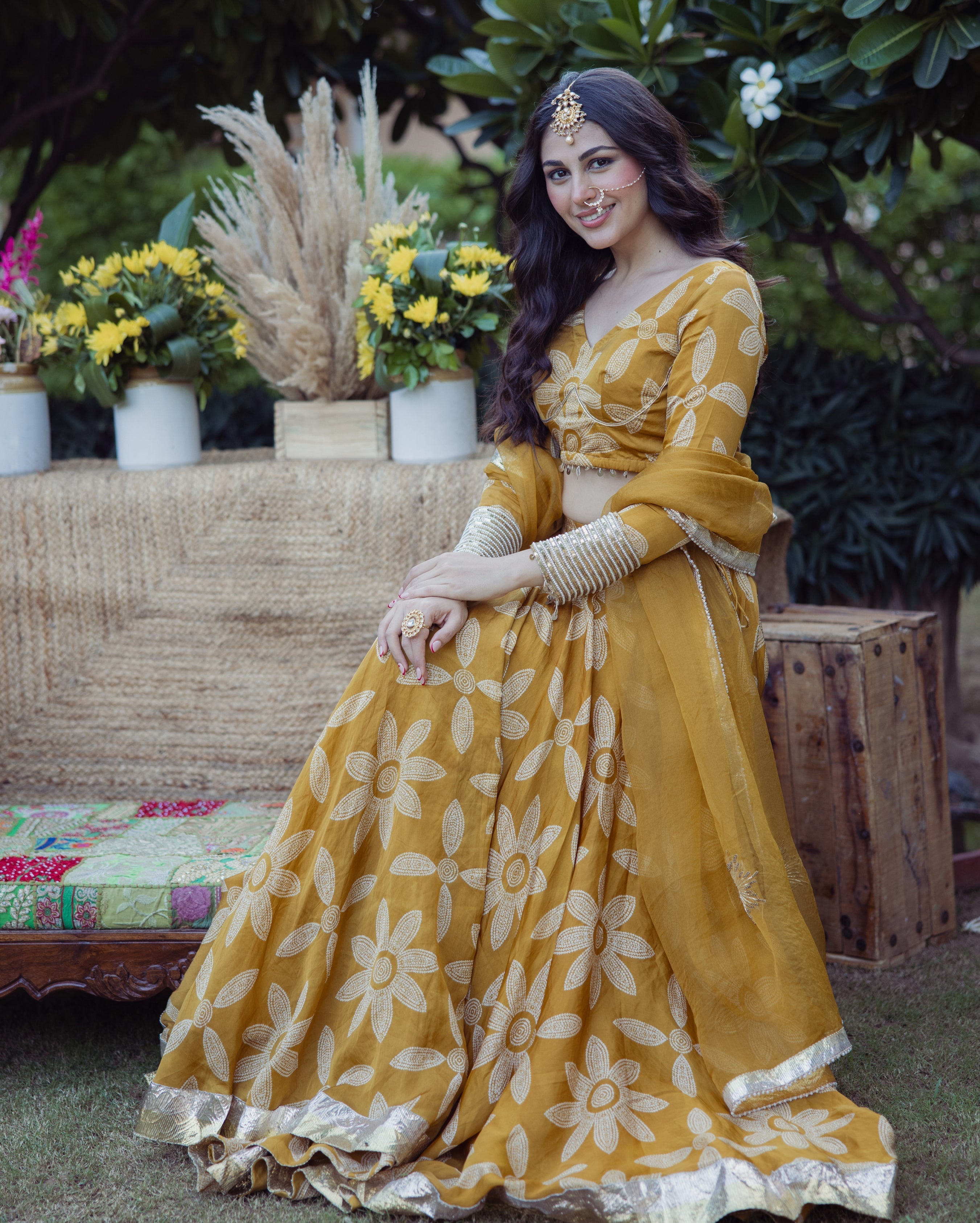 Tulsi Mustard Bandhani Satin Lehenga Set
