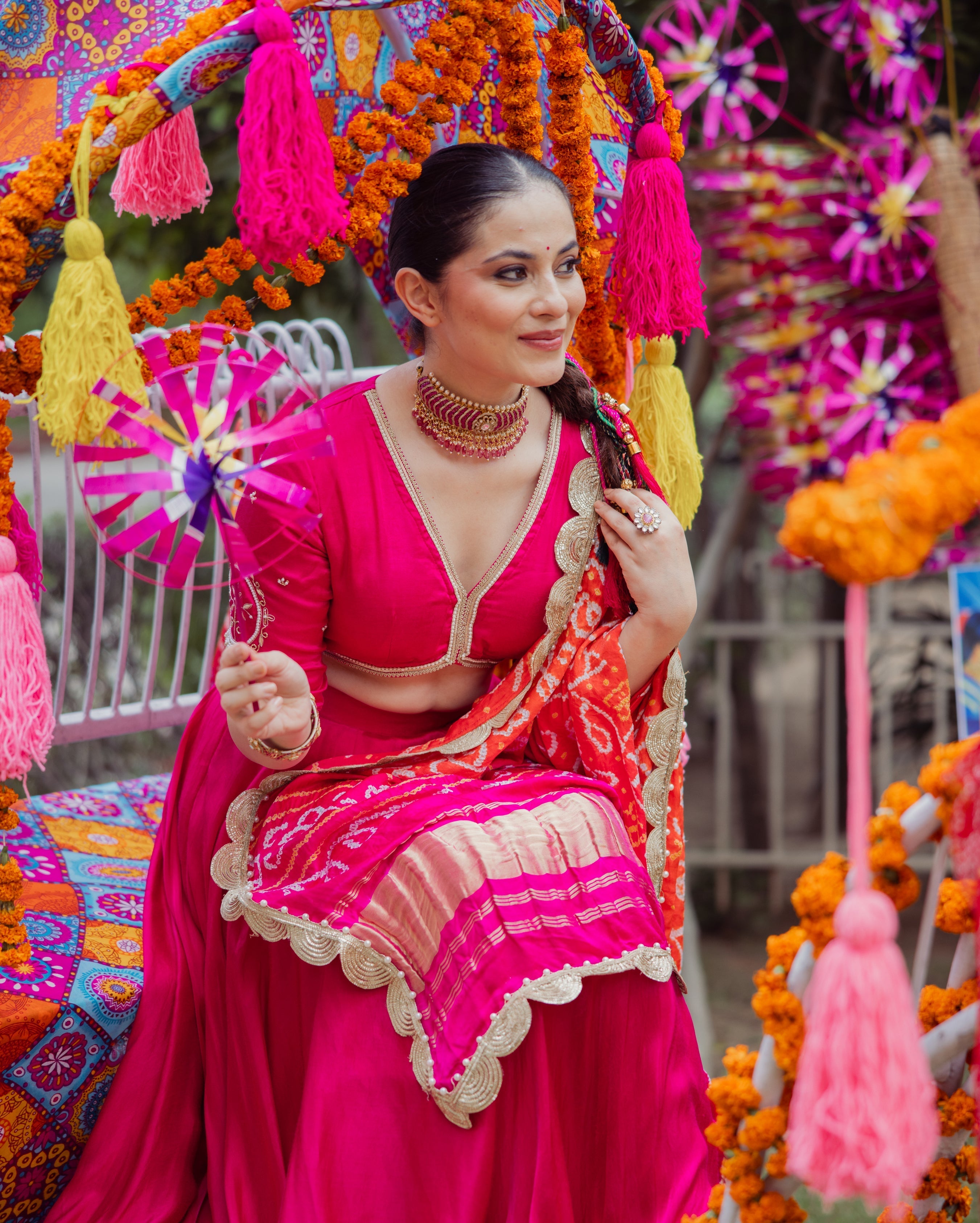 Bhagya Pink Solid Satin Lehenga Set