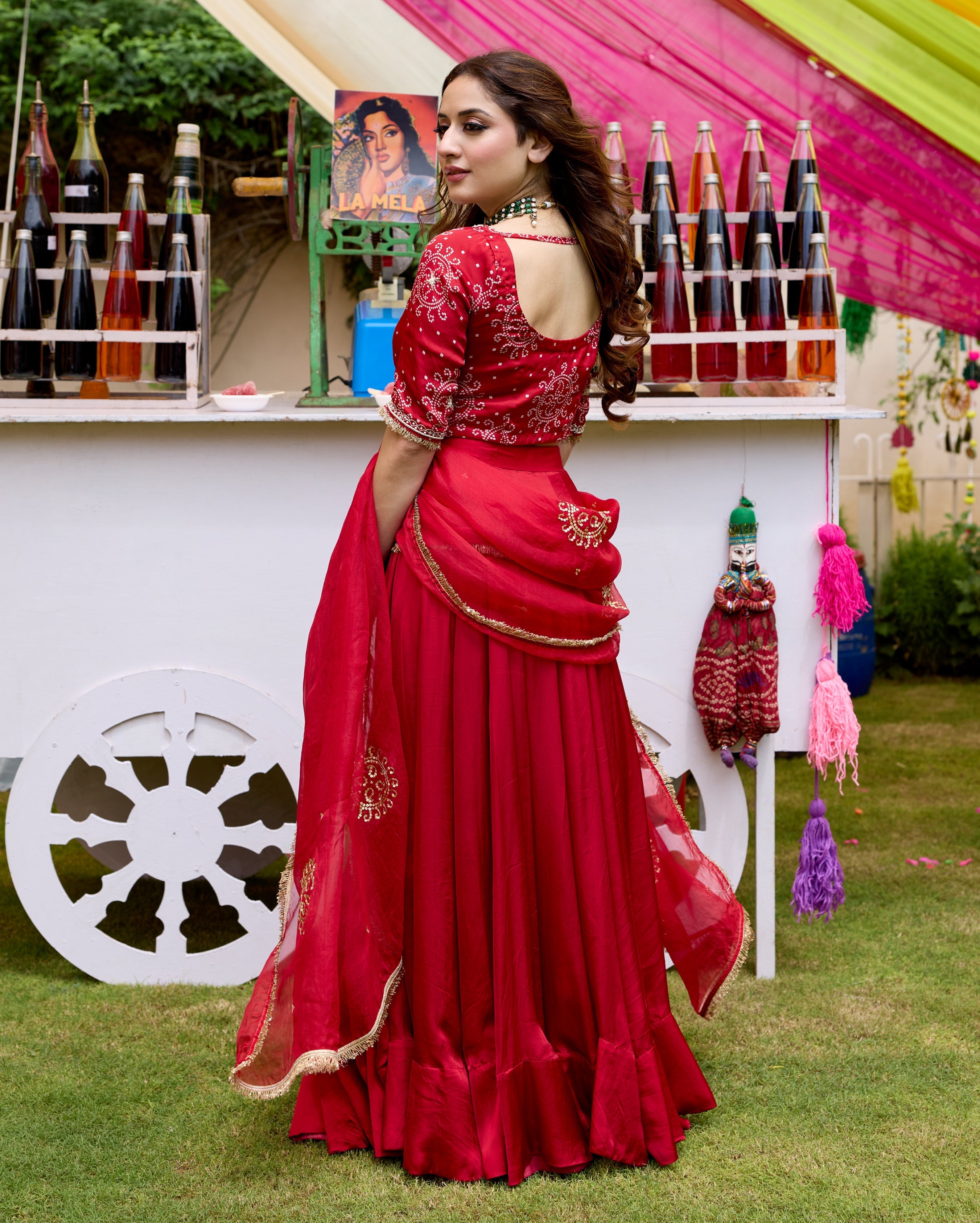 Amrit Red Bandhani Satin Lehenga Set