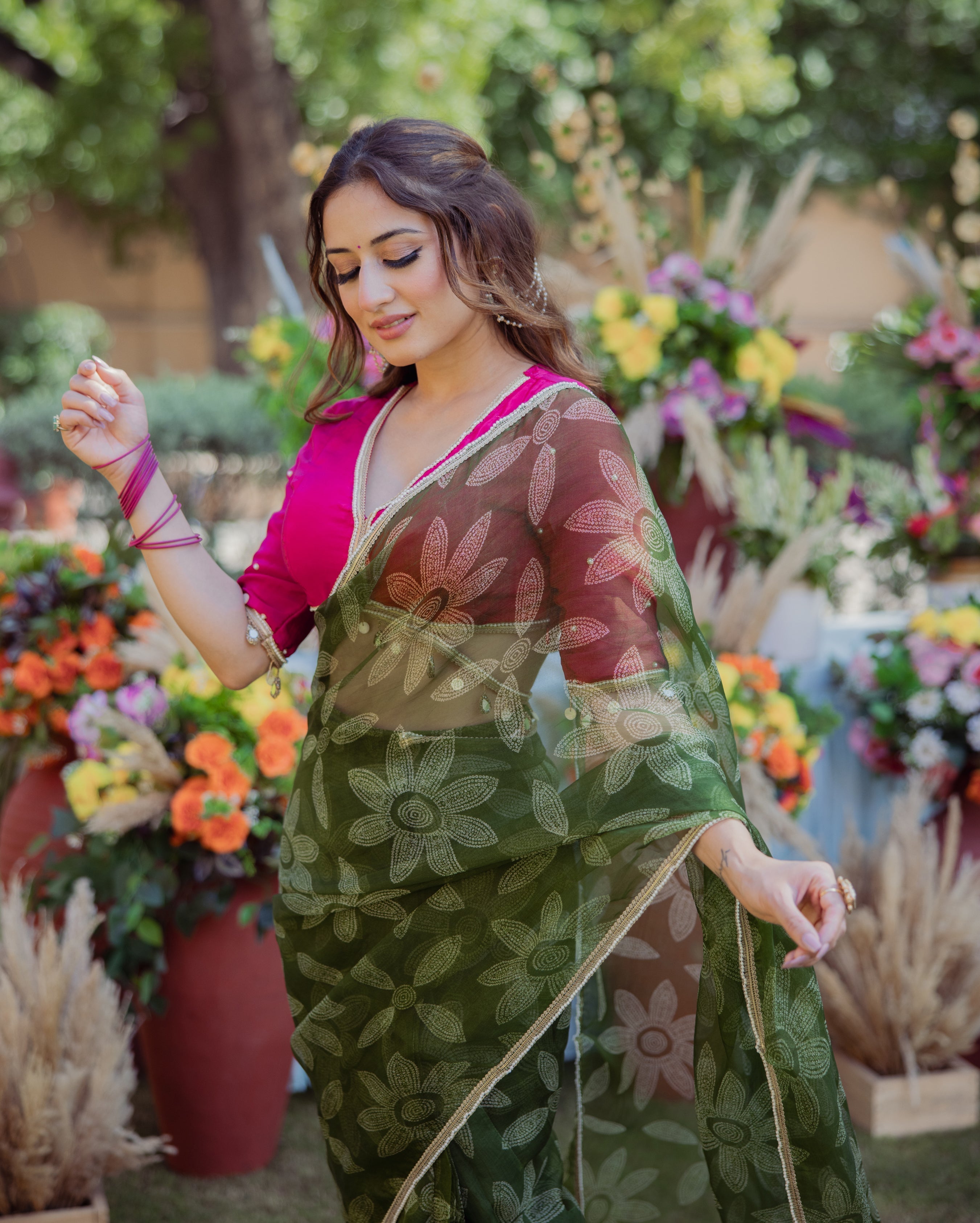 Sita Green Bandhani Organza Saree