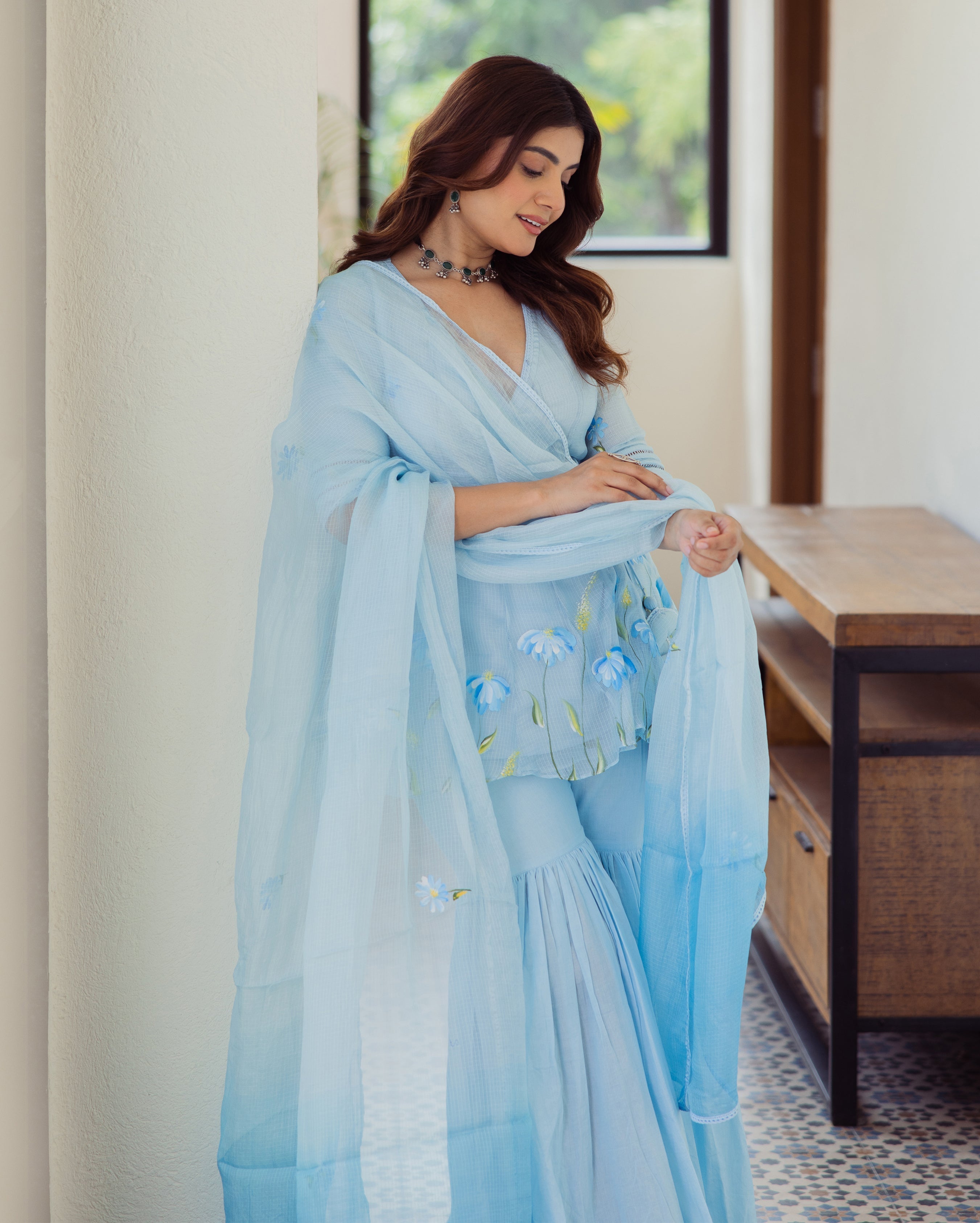 Vivid Blue Handpainted Doria Sharara Set
