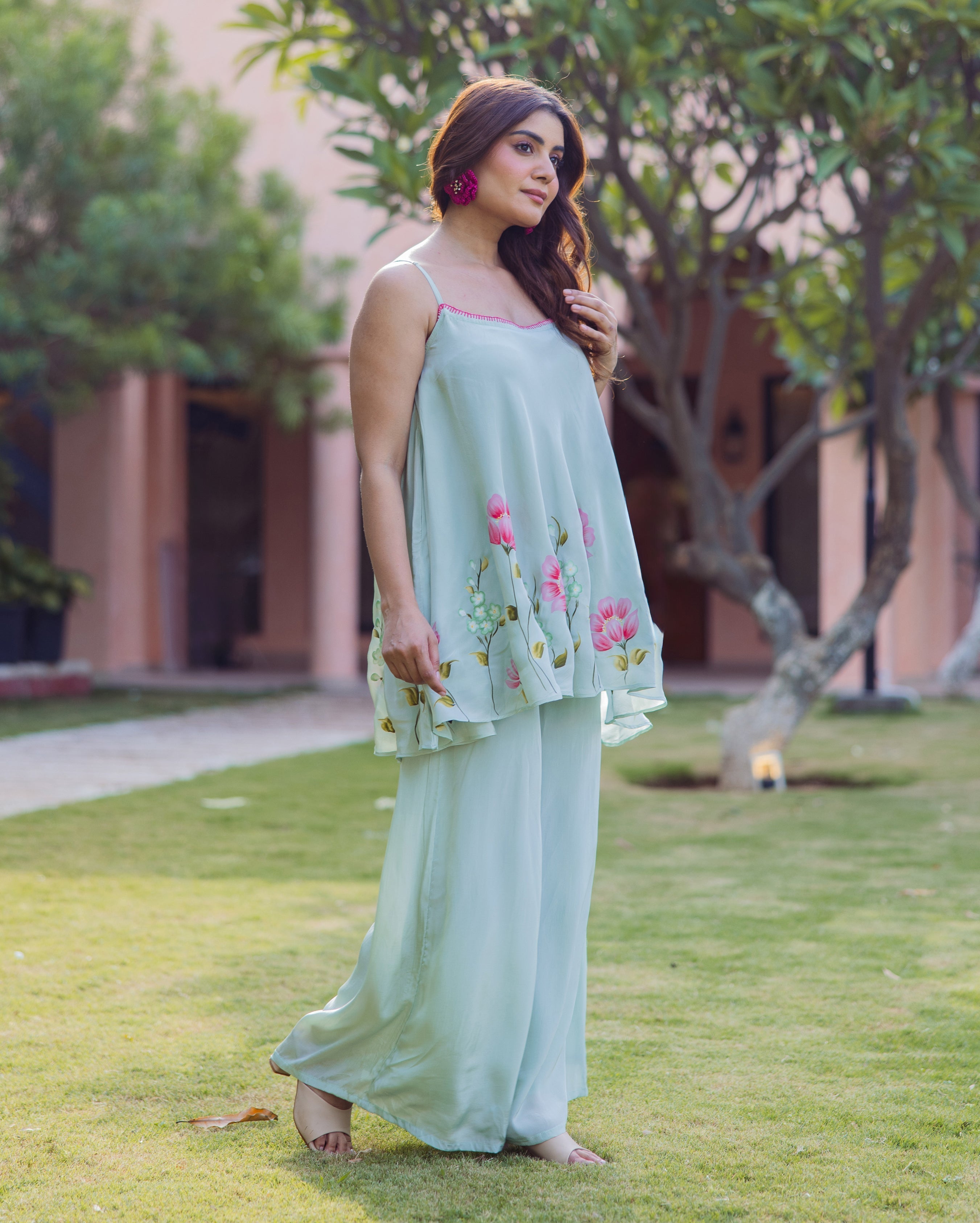Sanskriti Sage Green Handpainted Crepe Coord Set