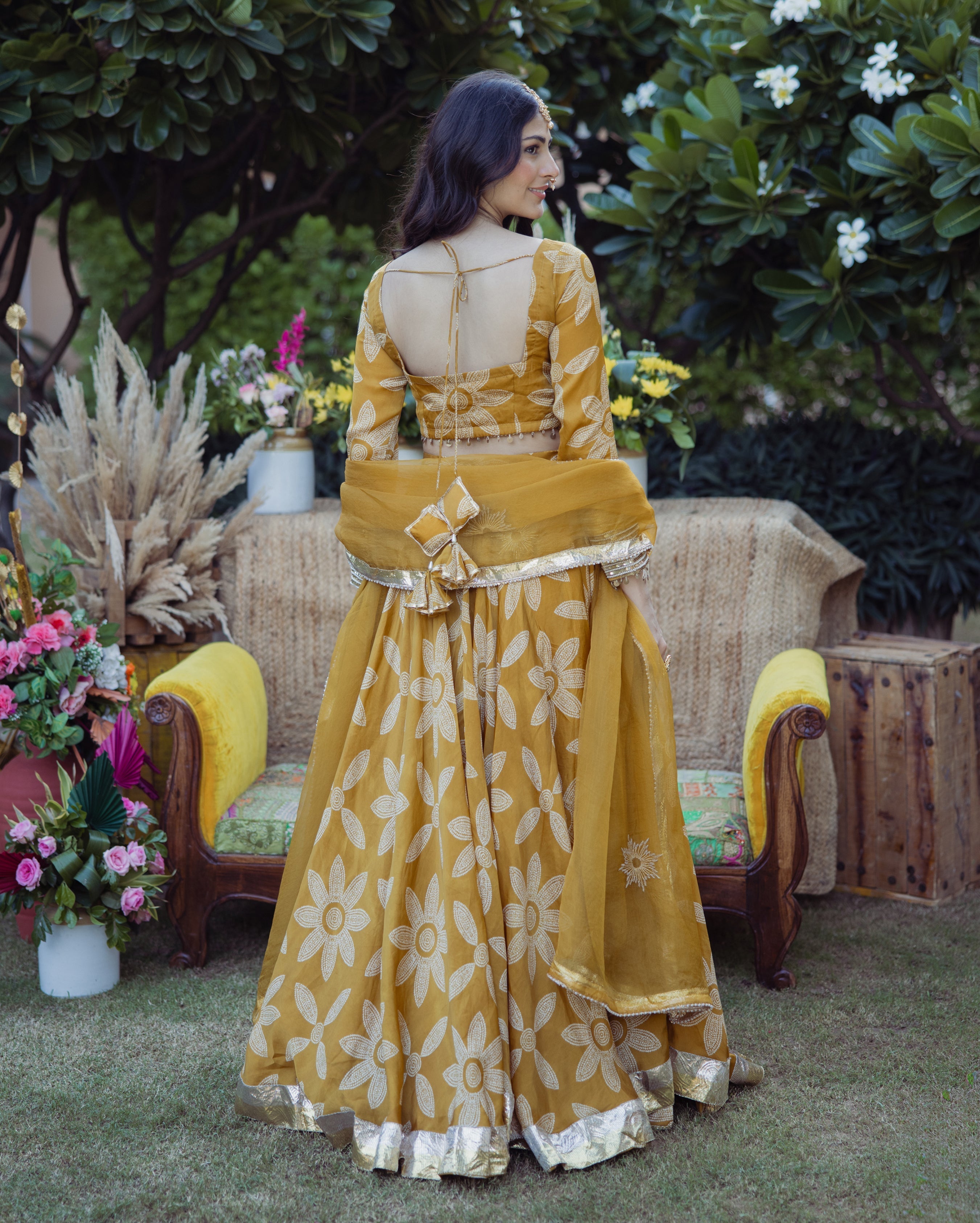 Tulsi Mustard Bandhani Satin Lehenga Set