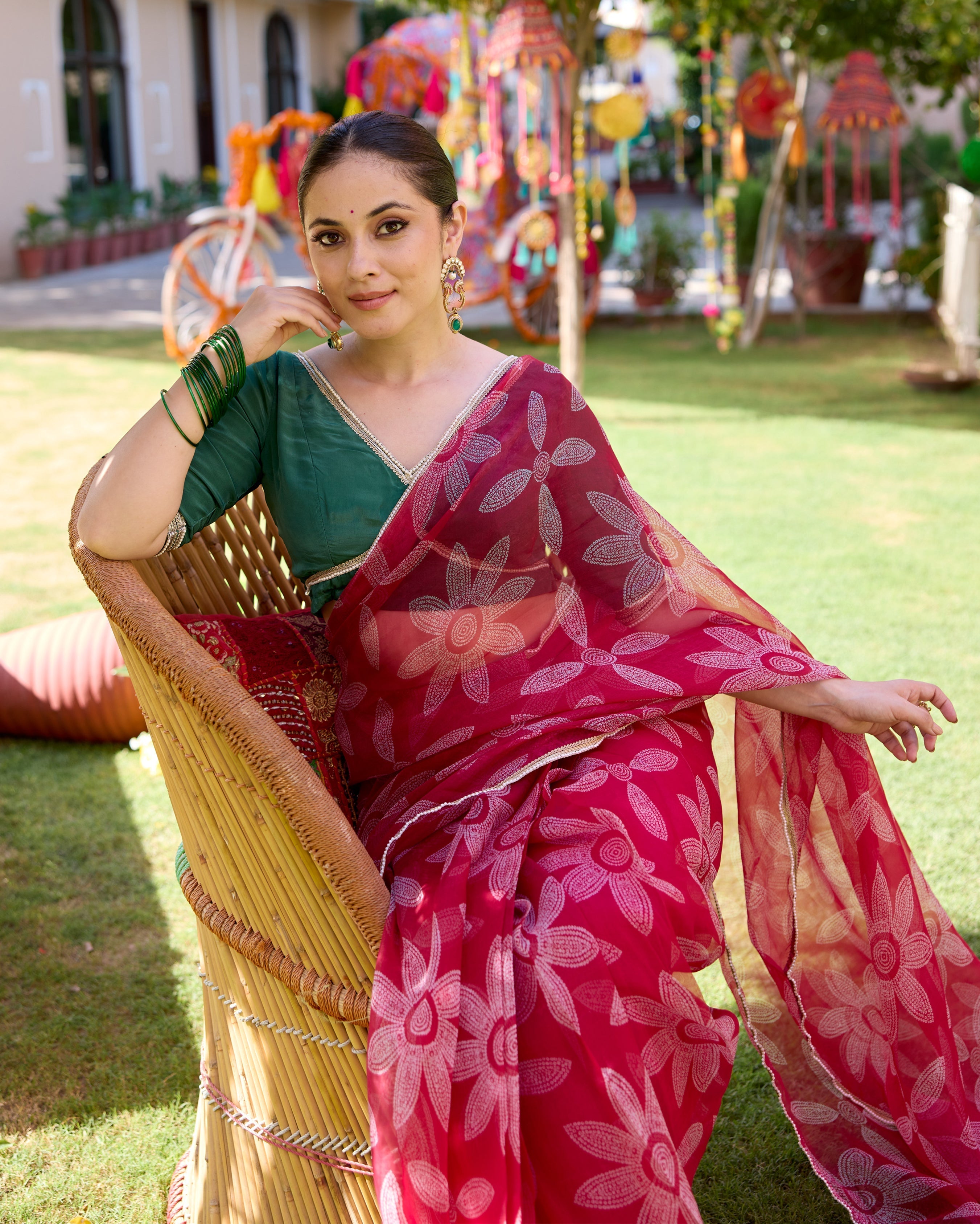 Mugdha Pink Bandhani Organza Saree