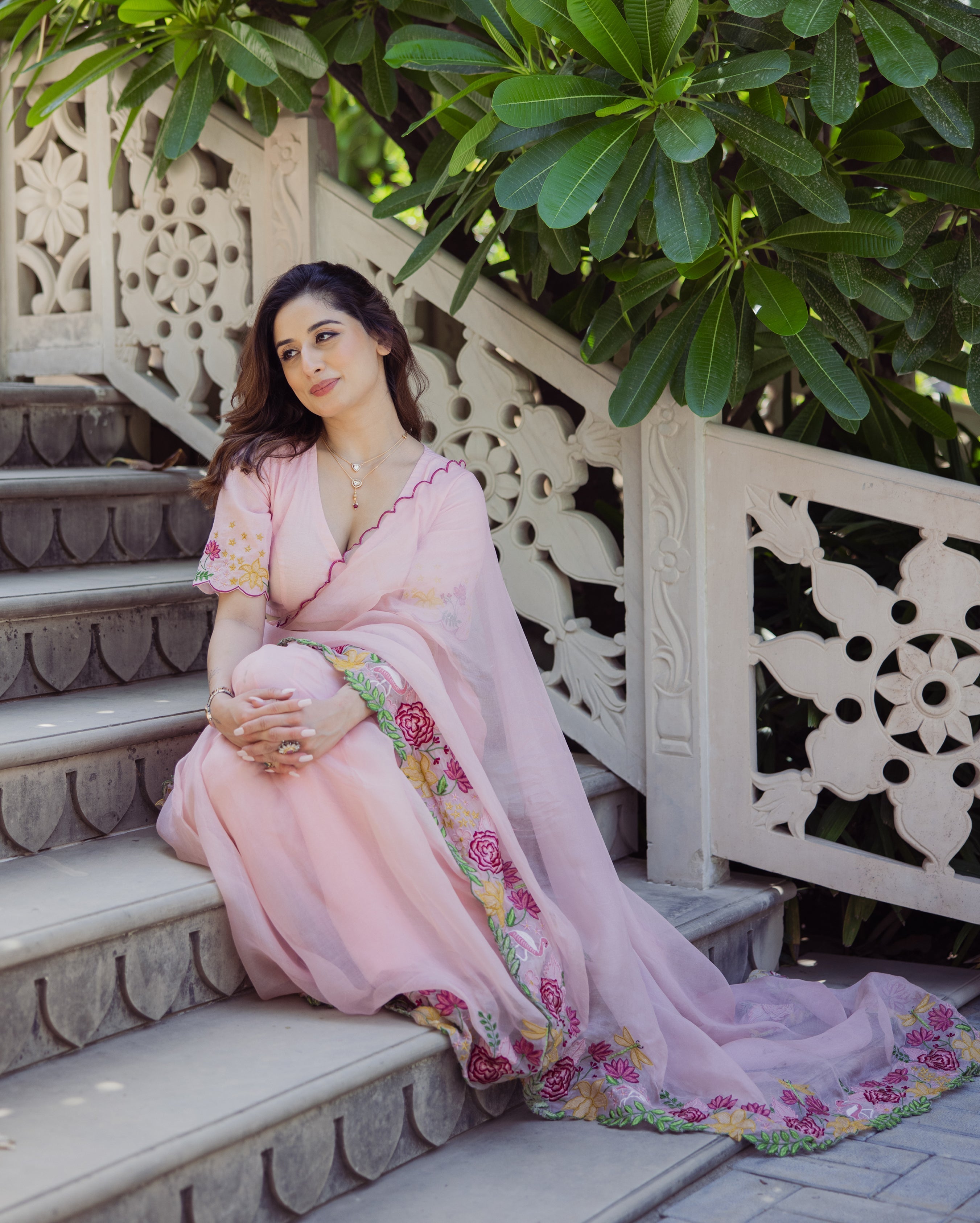 Posh Peach Embroidered Organza Saree