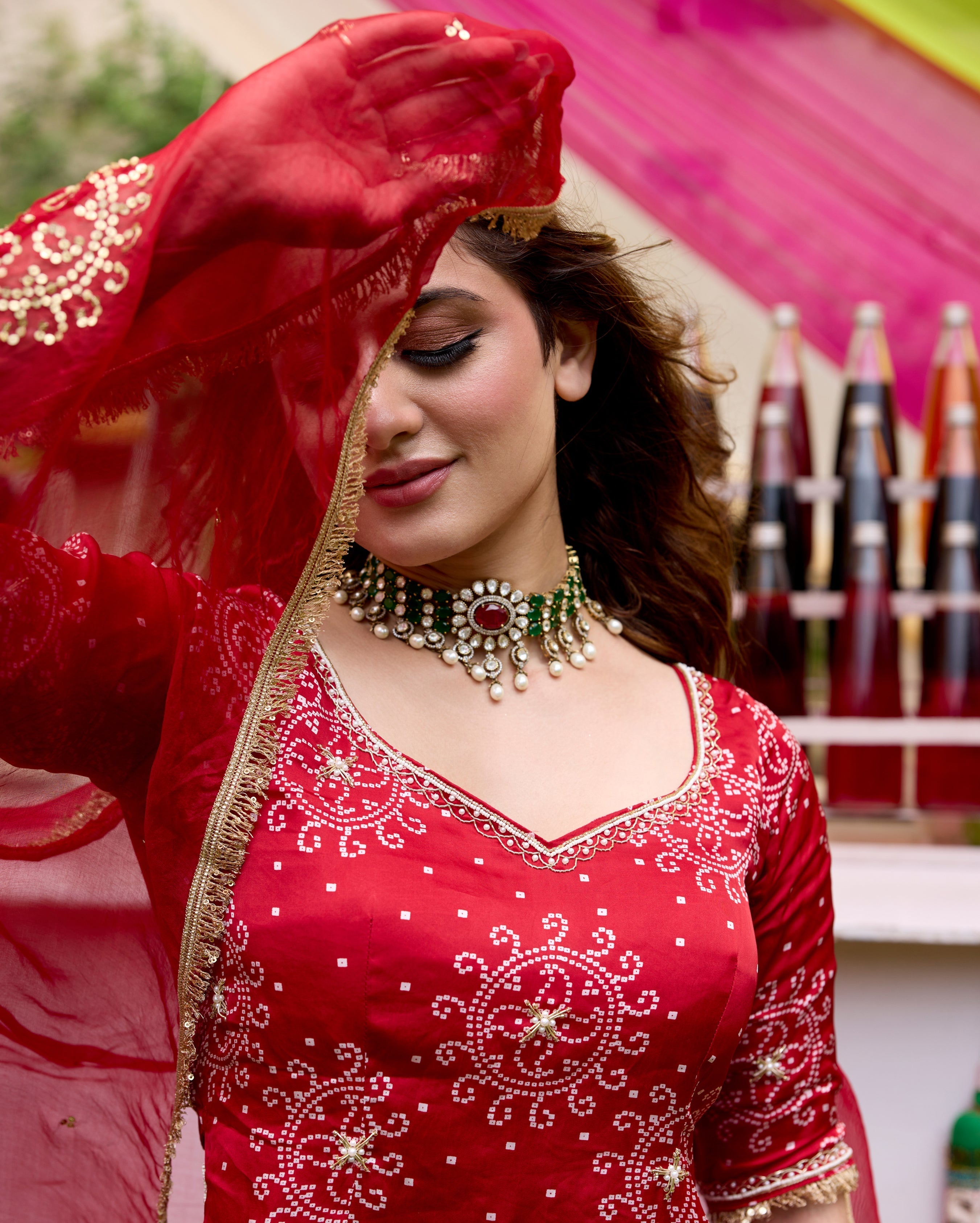 Amrit Red Bandhani Satin Lehenga Set