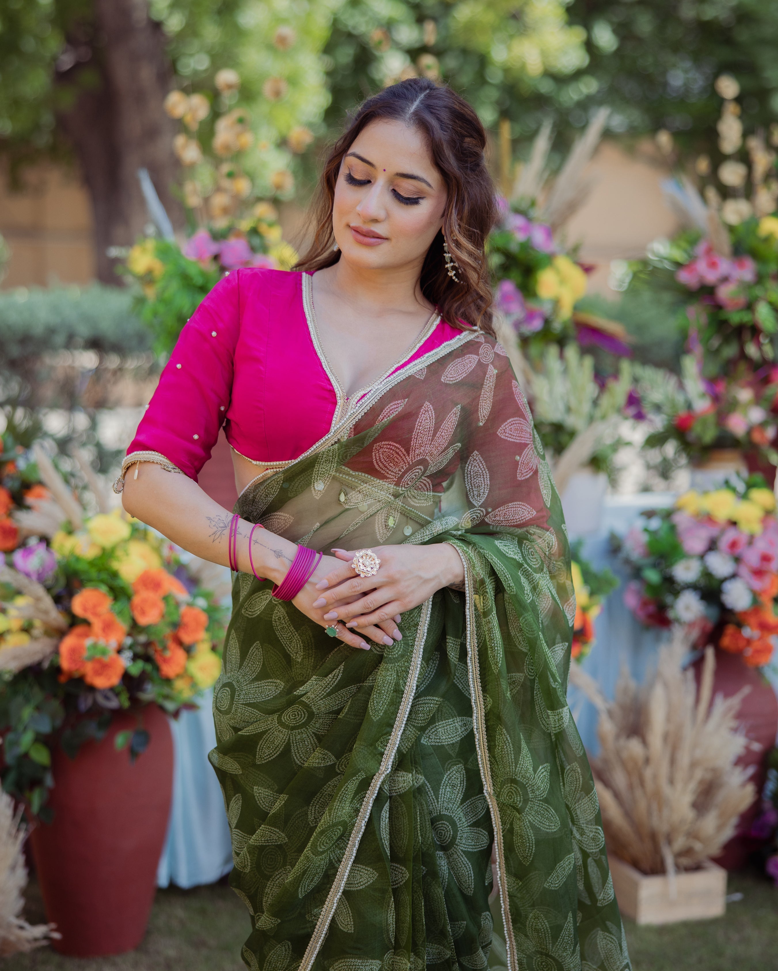 Sita Green Bandhani Organza Saree