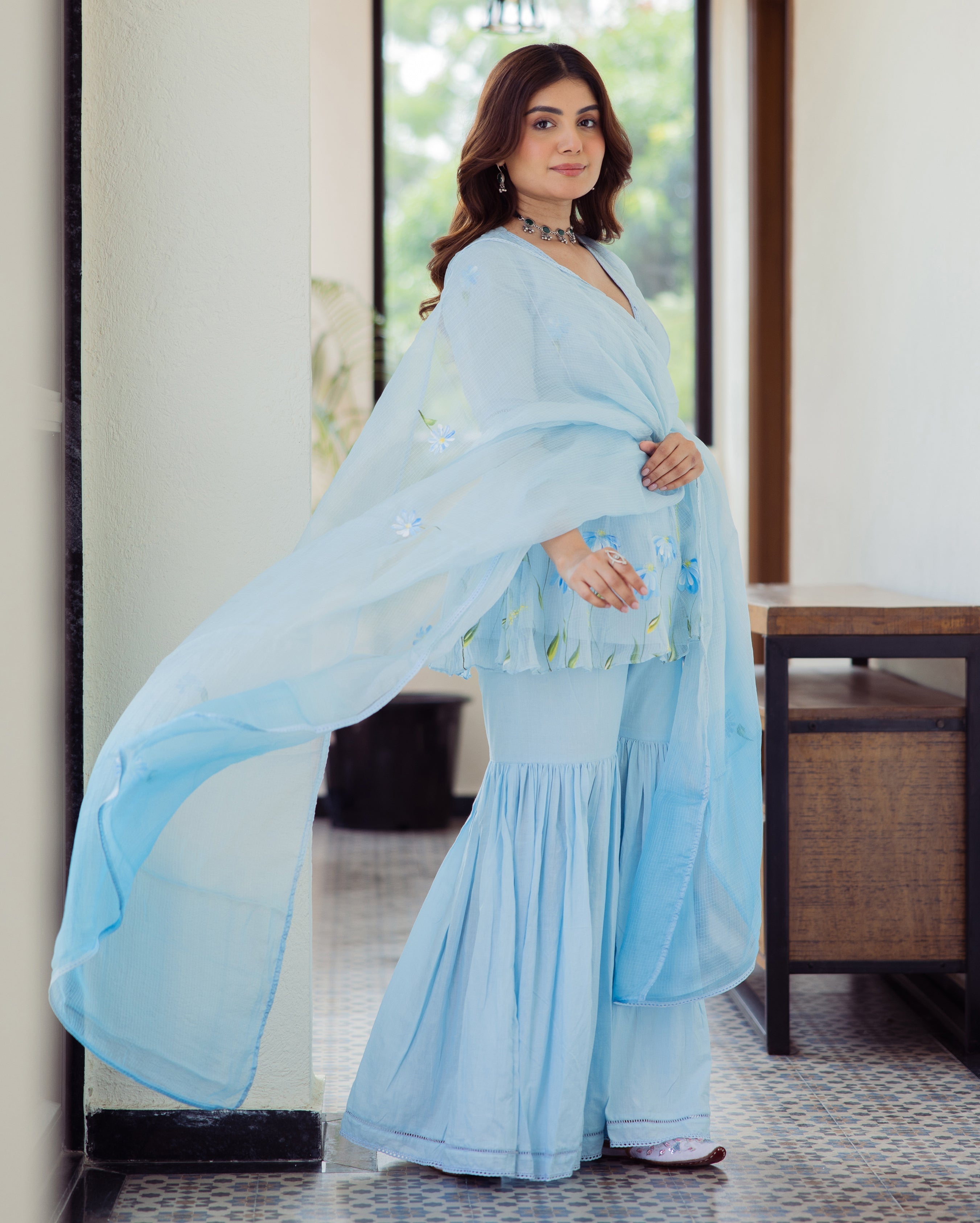 Vivid Blue Handpainted Doria Sharara Set