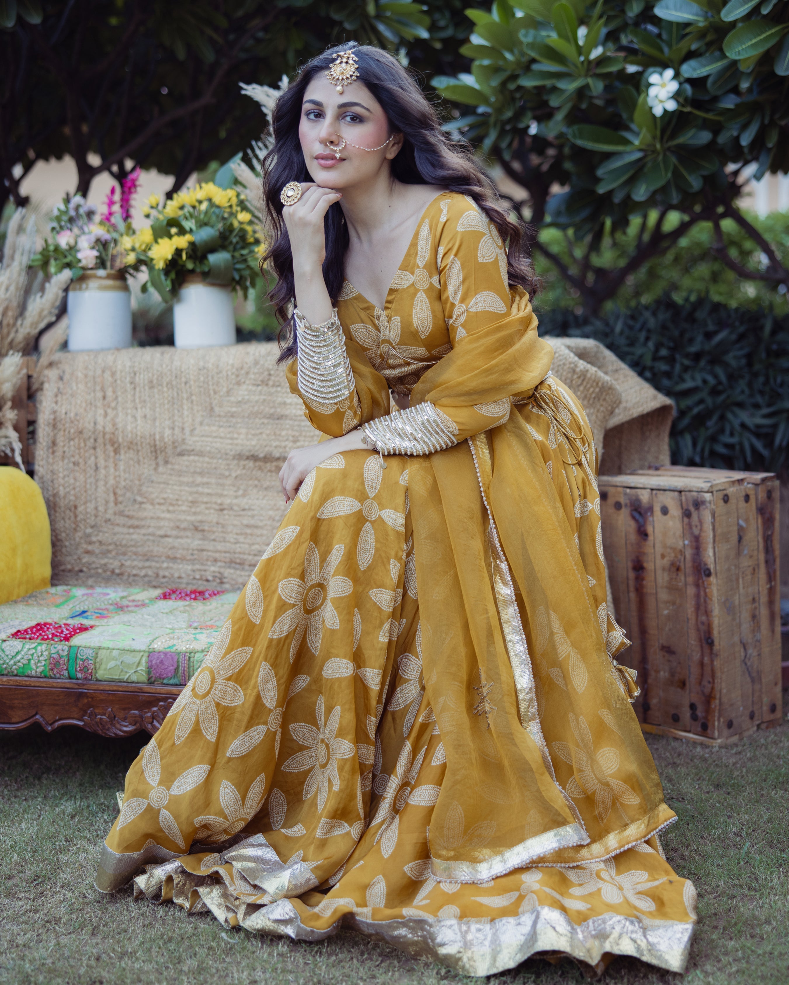 Tulsi Mustard Bandhani Satin Lehenga Set
