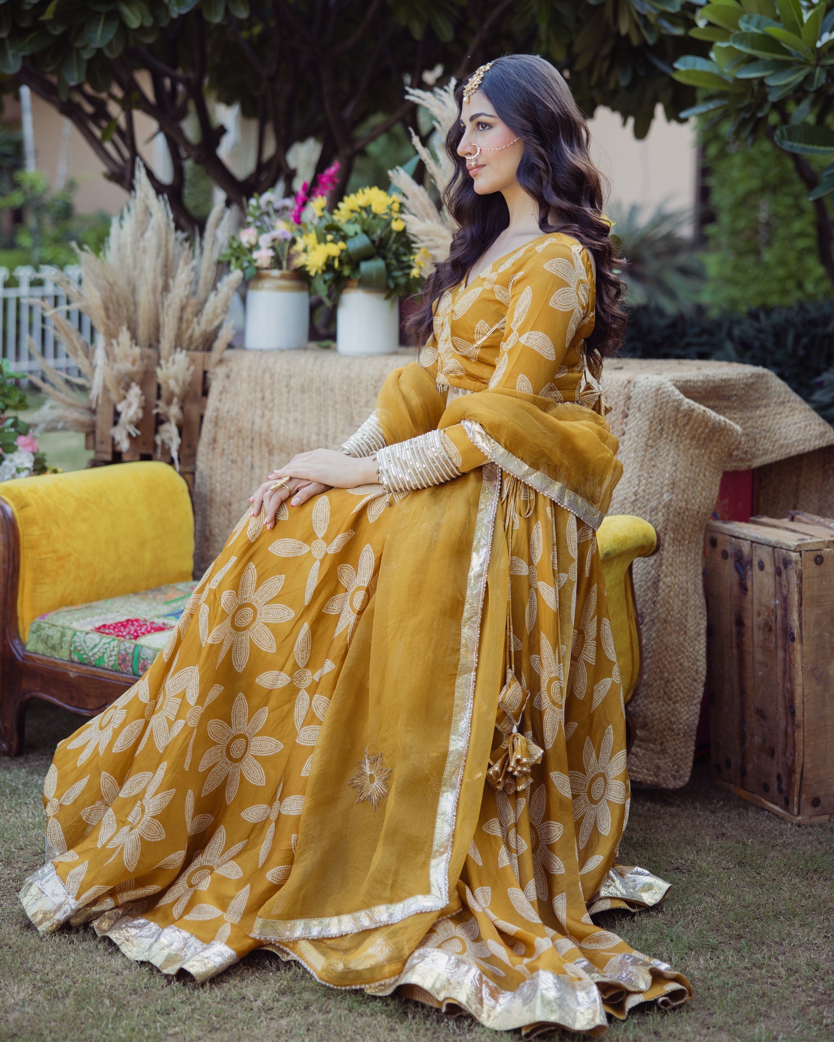 Tulsi Mustard Bandhani Satin Lehenga Set