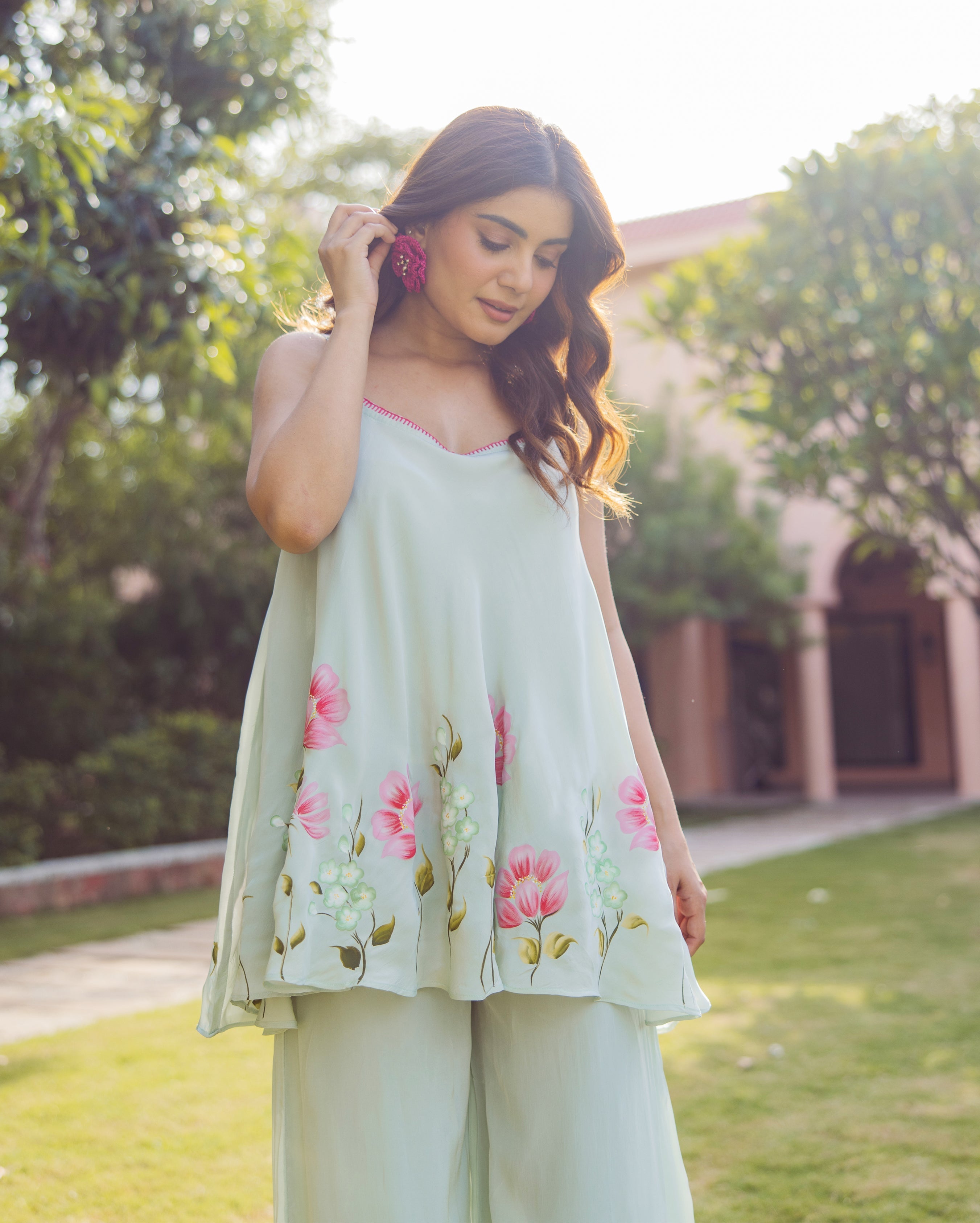 Sanskriti Sage Green Handpainted Crepe Coord Set