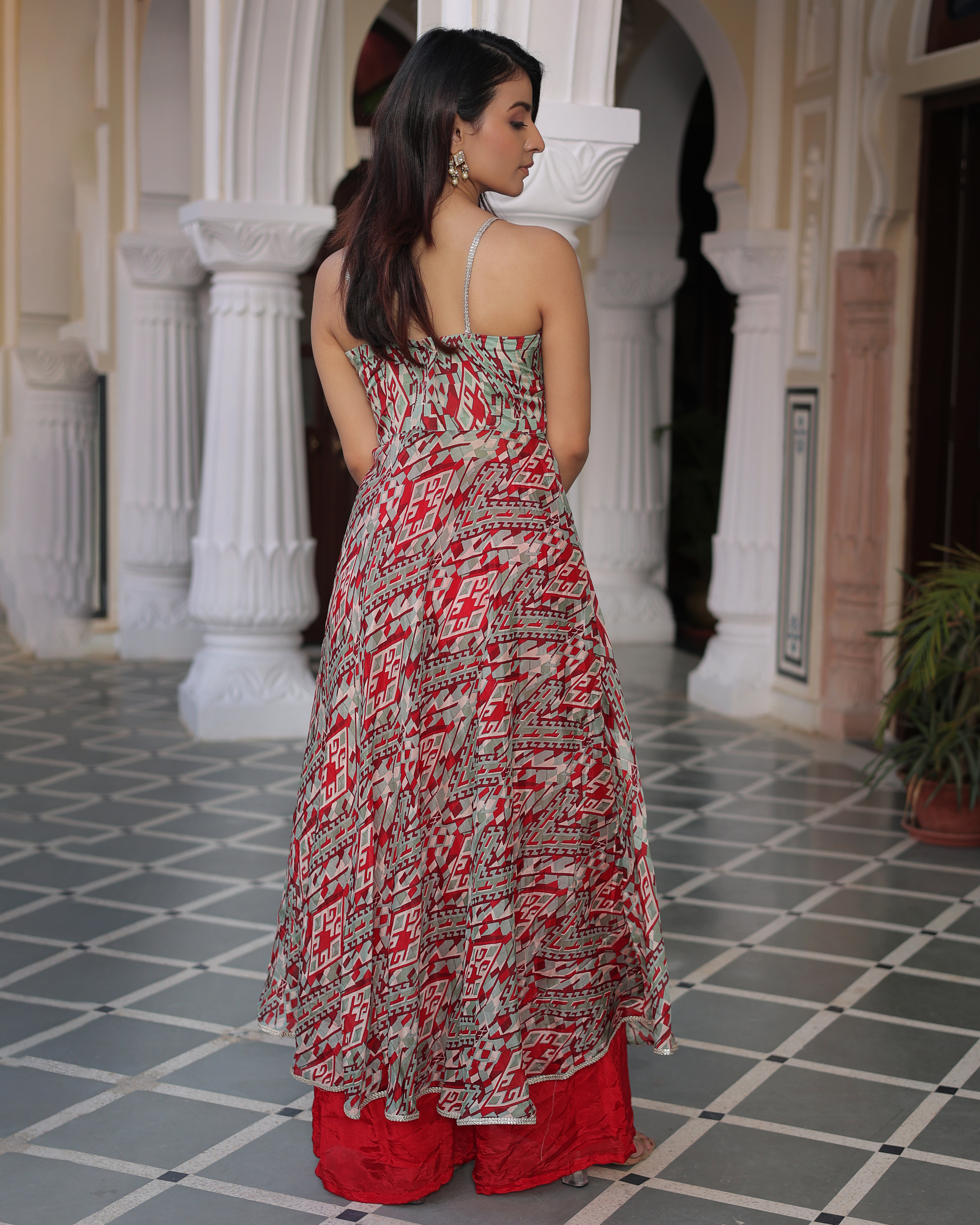 Wavy Red Printed Silk Coord Set