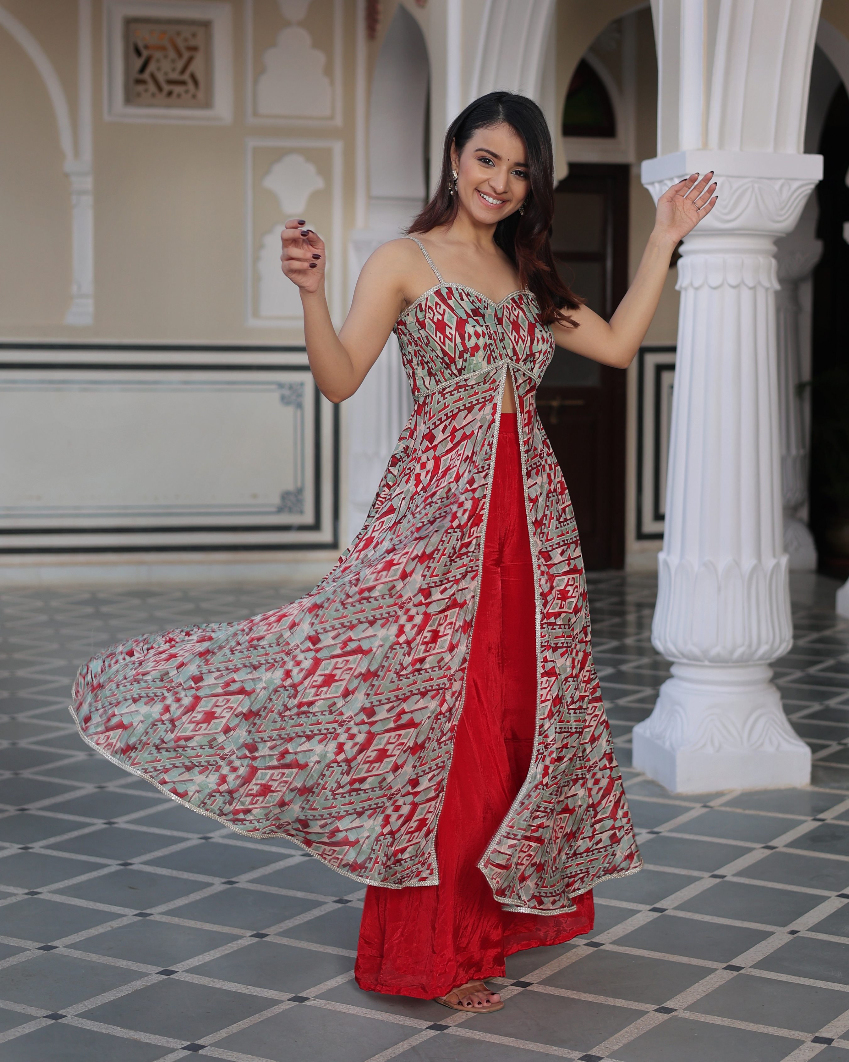 Wavy Red Printed Silk Coord Set