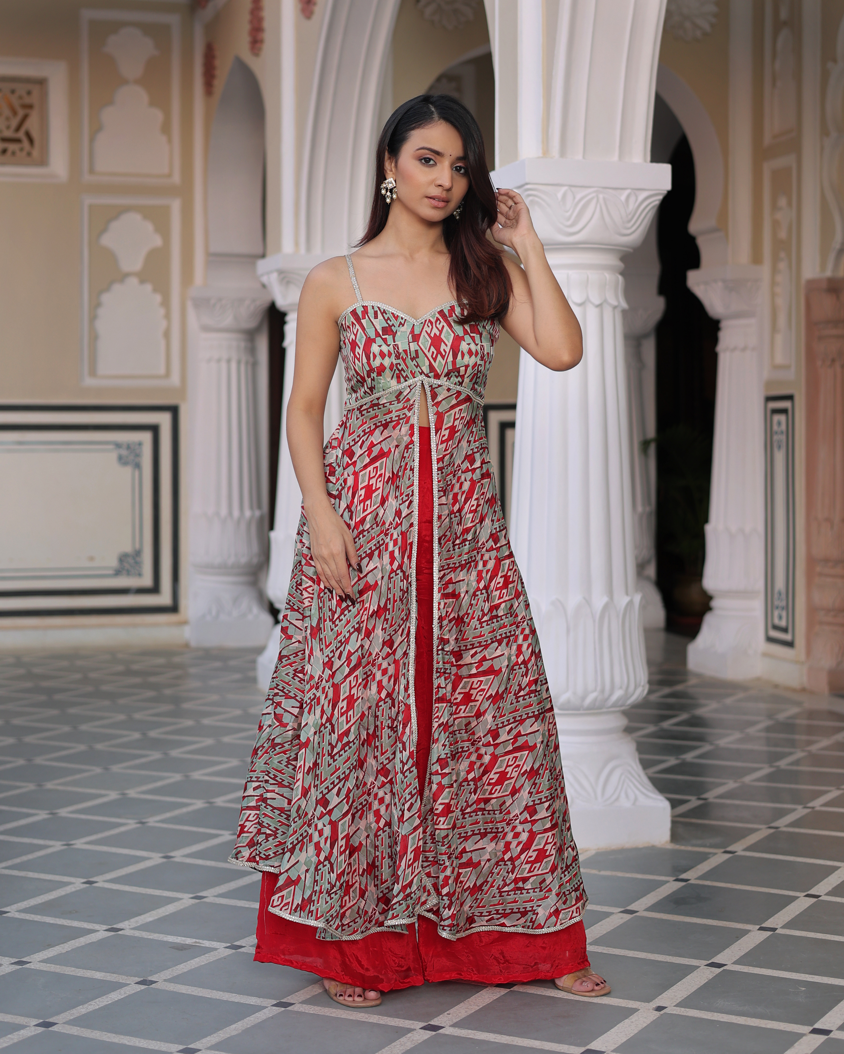 Wavy Red Printed Silk Coord Set