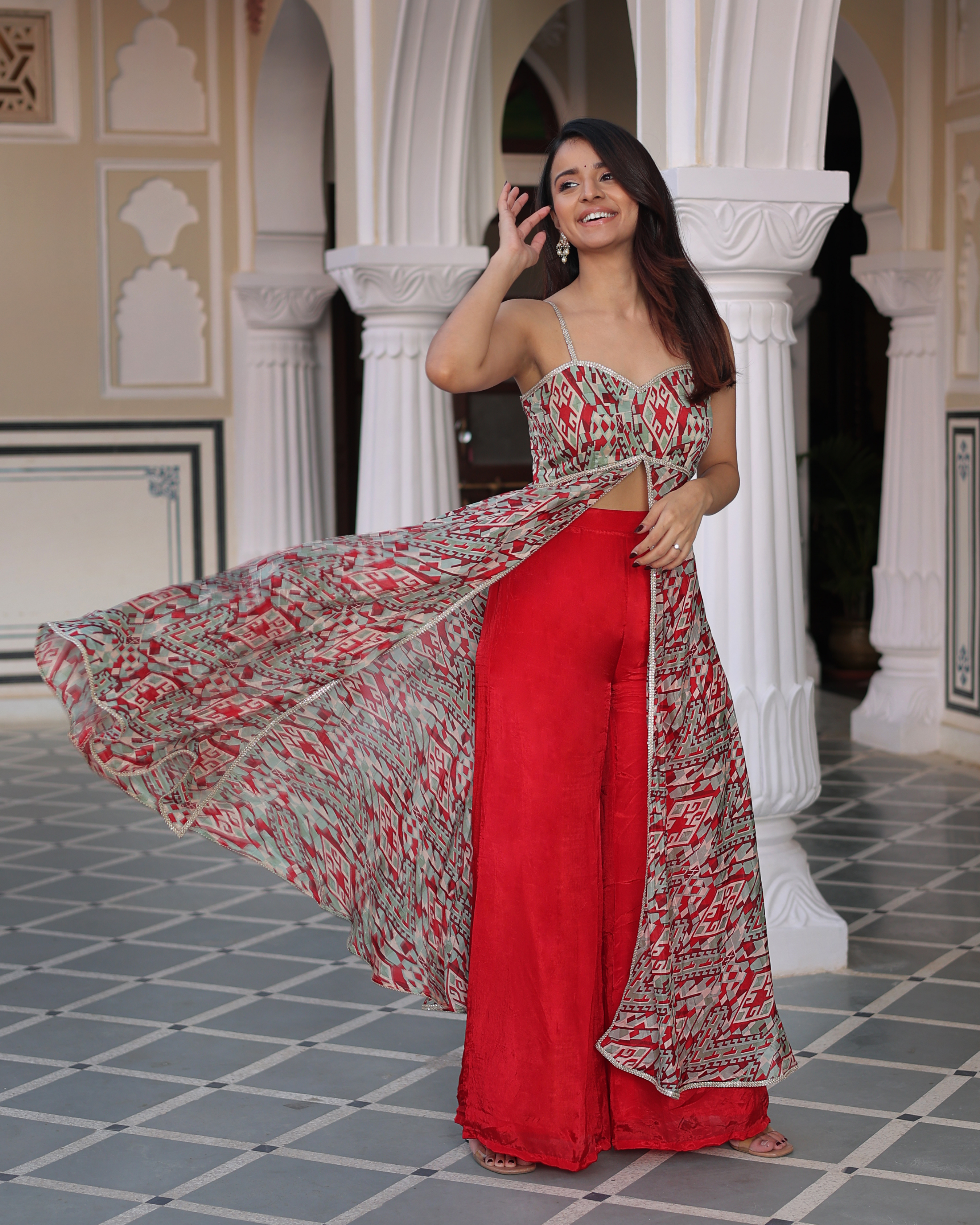 Wavy Red Printed Silk Coord Set